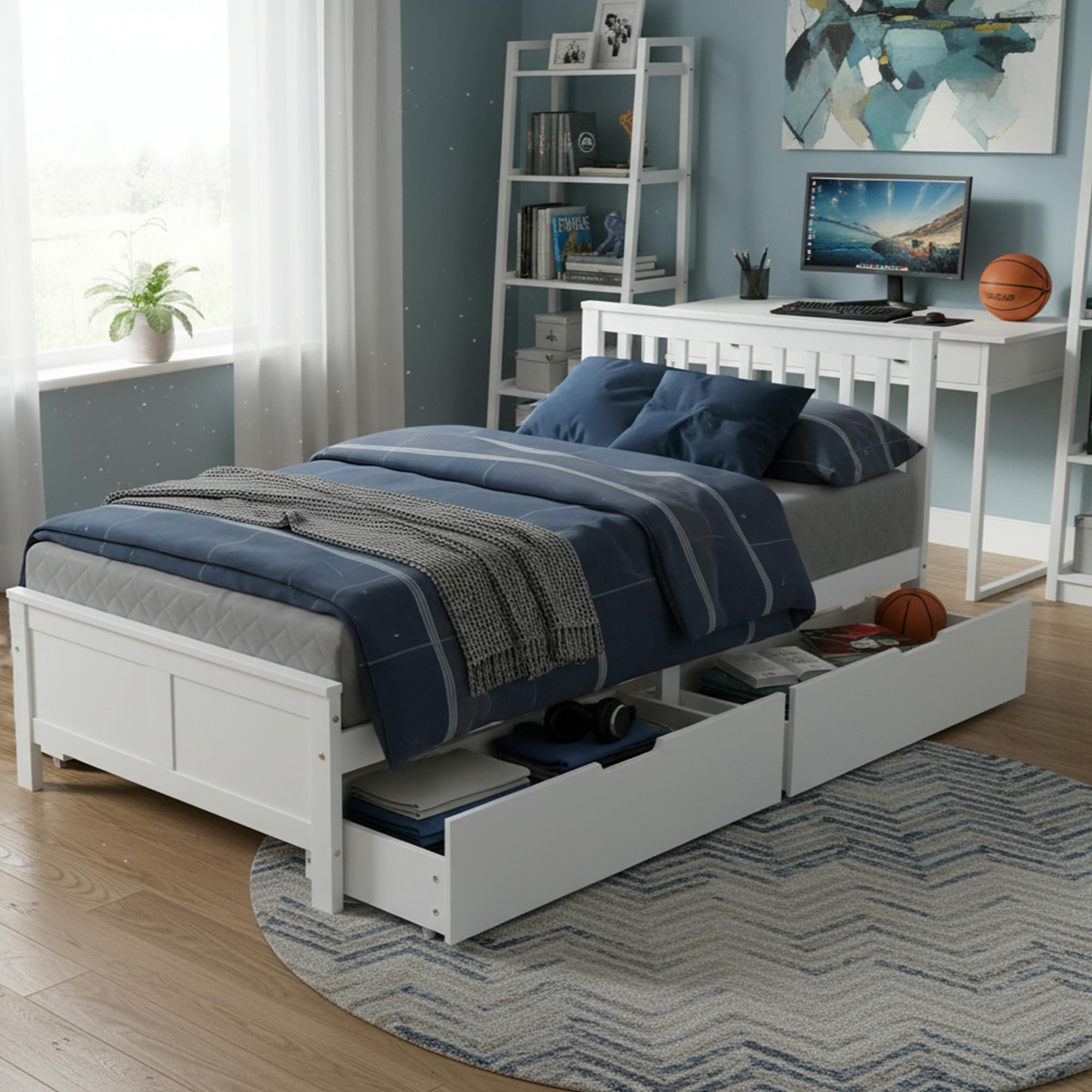 ModernLuxe Bett 90 x 200cm mit Schubladen, Einzelbett/Doppelbett mit Lattenrost und Kopfteil Bettgestell Holzbett Jugendbett Massivholz Bett (90 x200 cm)