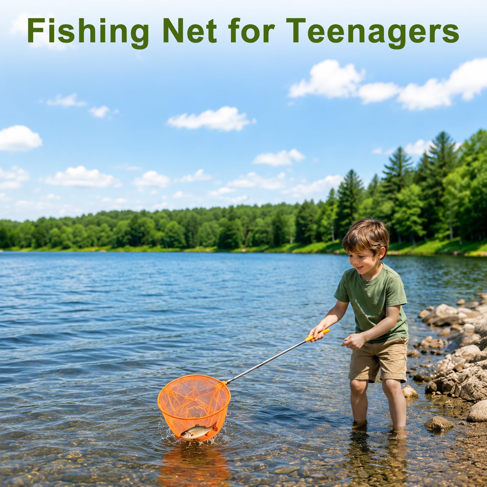 M METERXITY 1 filet de pêche télescopique pour adolescents, extensible de 48 cm avec poignée réglable pour attraper les insectes/petits poissons/crevettes/aquarium/extérieur [orange]