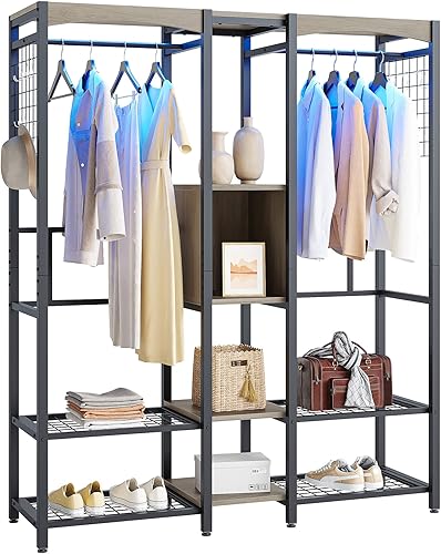 Bestier Armario independiente de metal con estante superior de madera y luces integradas que cambian de color con 7 colores y 20 modos dinámicos,