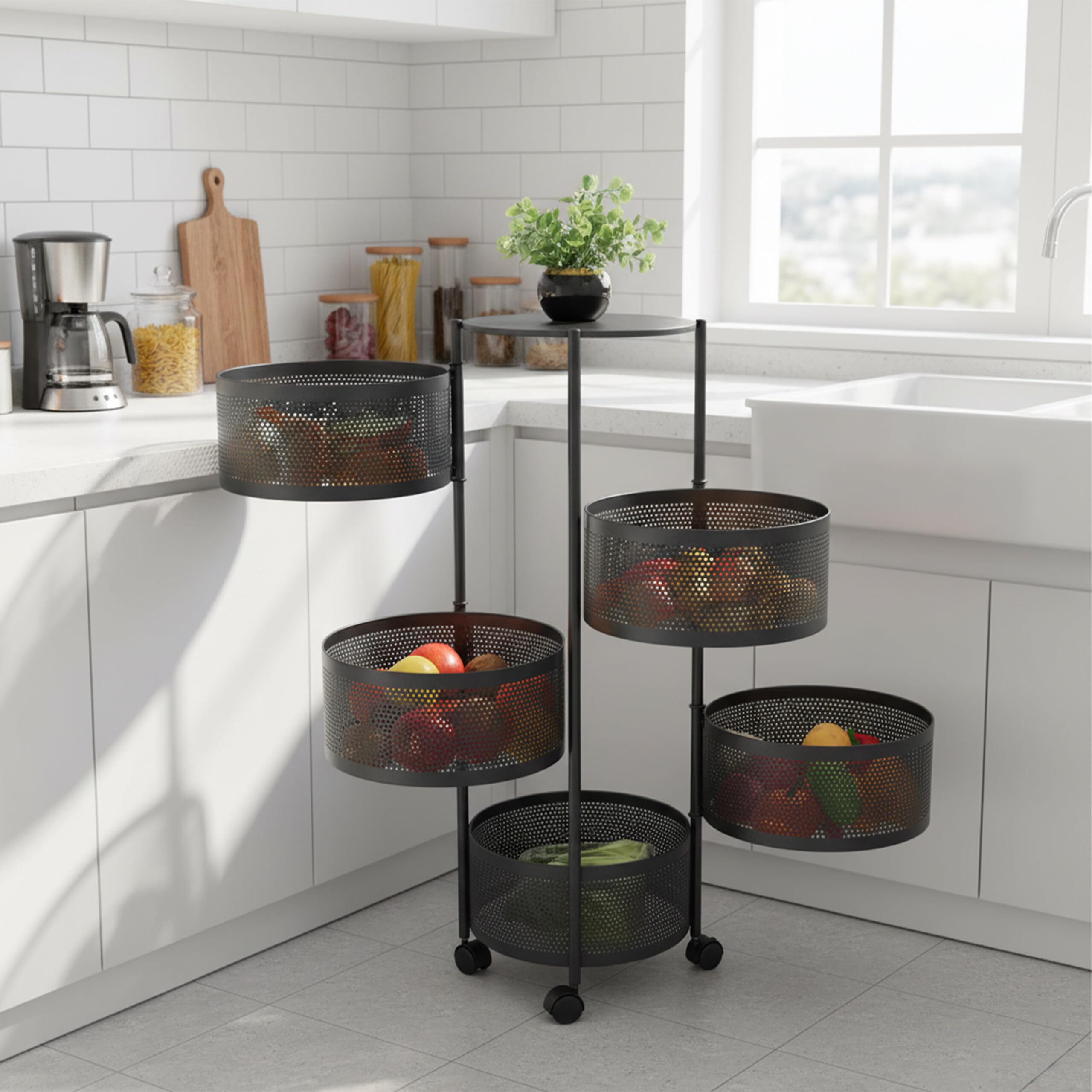Chariot de Cuisine Relaxdays, 5 Compartiments, H x P : 90 x 34 cm, métal, 2 Freins, Chariot Noir