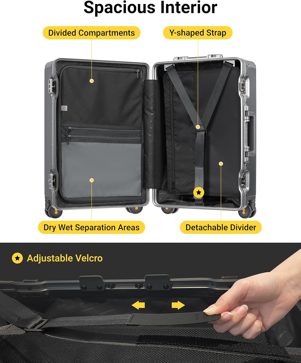 LEVEL8 Zipperless Checked Luggage with Aluminum Frame, Upgraded Medium Hardside Suitcase with Spinner Wheels, Metal Travel Luggage with Double Tsa Locks, 24 Inch, Grey - Image 5