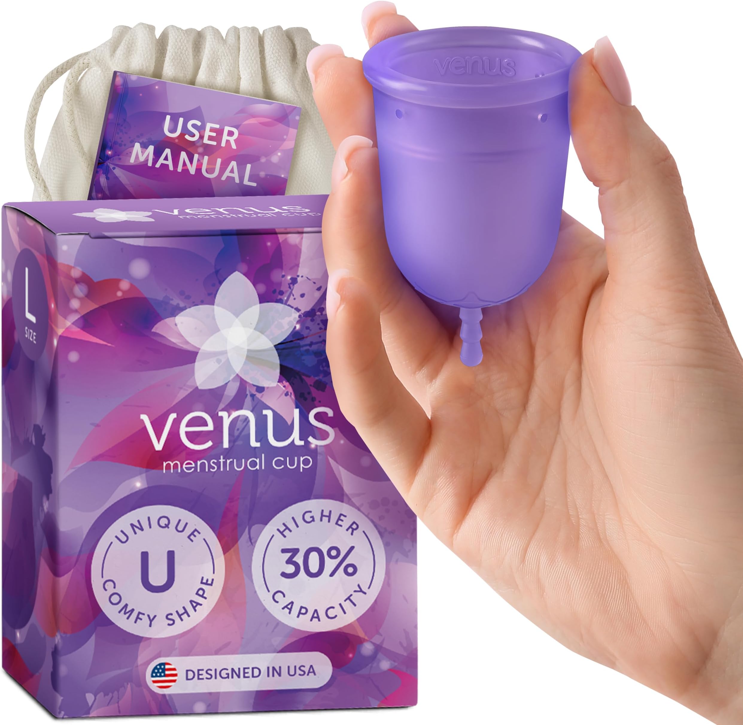 Menstrual Cup (Period Cup for Women) - Best for Heavy Flow - 12 Hours Leak-Free Protection - 100% Medical-Grade Silicone Reusable Cup - Unique Design to Ease Your Period Cycle | Large