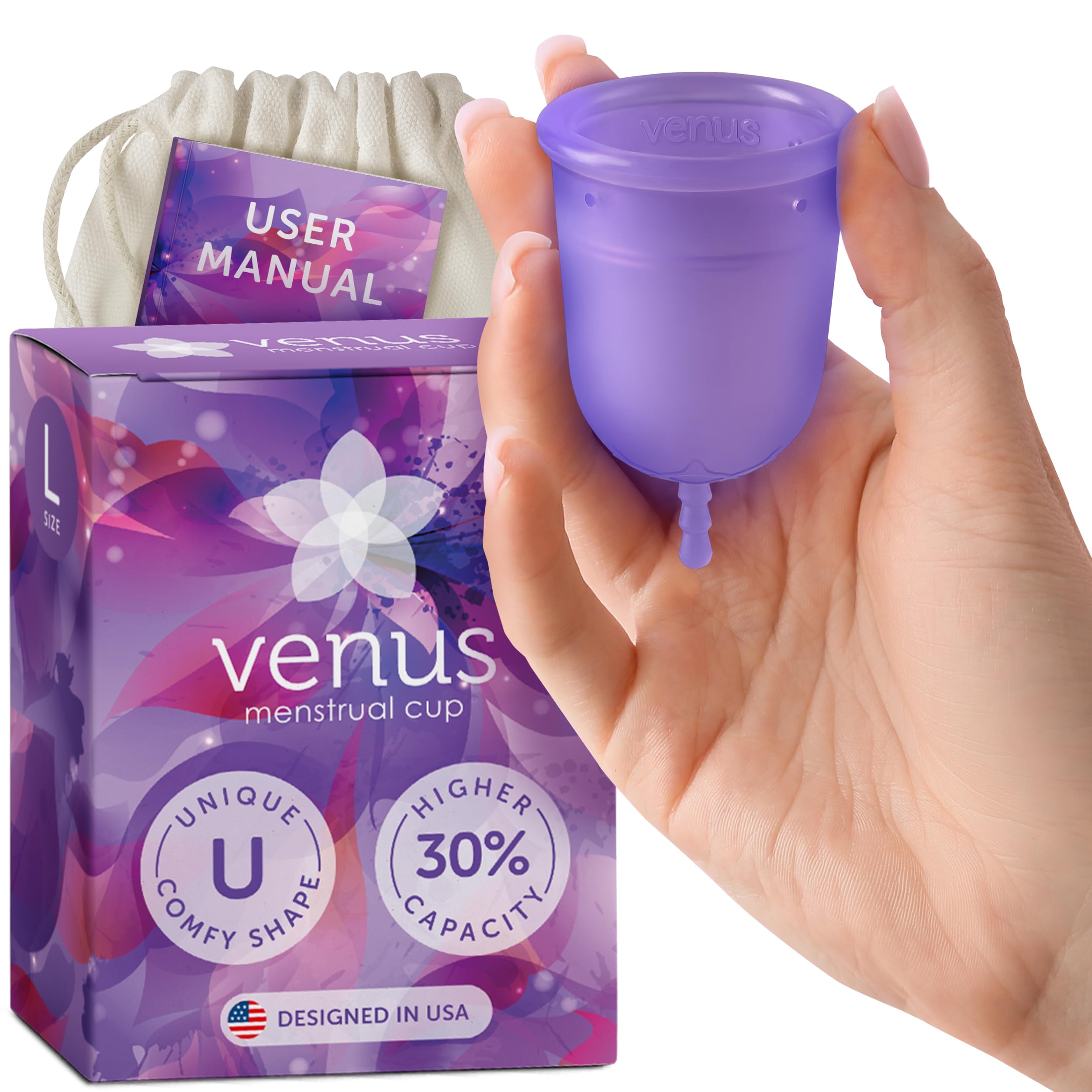 Venus Menstrual Cup (Period Cup for Women) - Best for Heavy Flow - 12 Hours Leak-Free Protection - 100% Medical-Grade Silicone Reusable Cup - Unique Design to Ease Your Period Cycle | Large