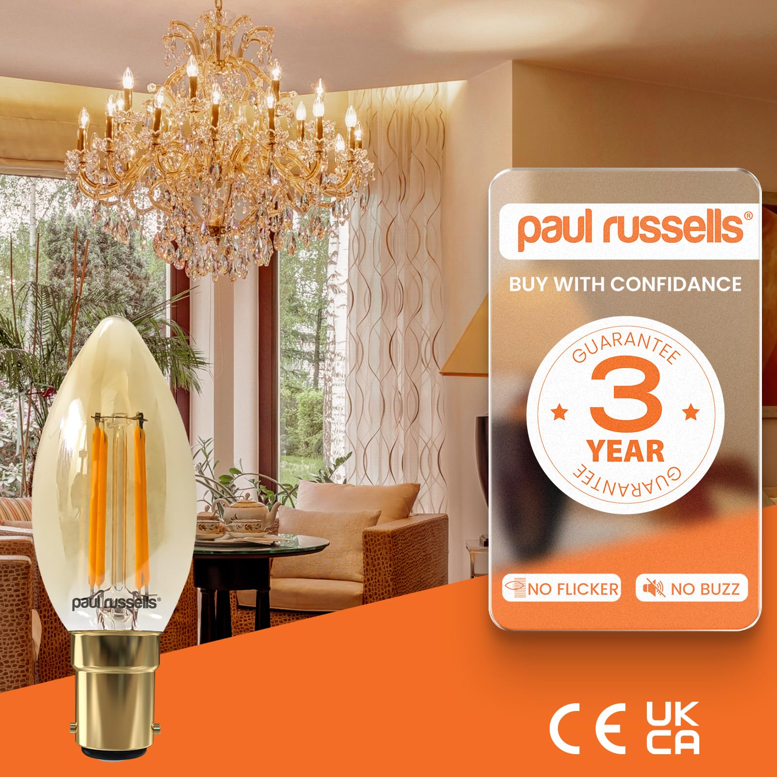paul russells LED Candle Filament Light, 4.5W 35W Equivalent Replacement, 400LM Lumens, 2200K Extra Warm White - Image 3