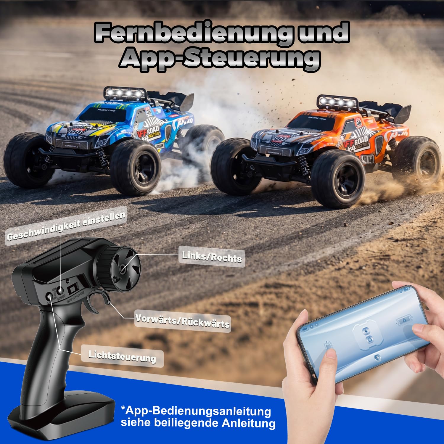 28km/h Ferngesteuertes Auto ab 5 6 jahre, 1:18 Monstertruck Ferngesteuert | RC Auto mit Licht, Ferngesteuertes Auto mit Zwei Karosserie, 2Akku 60 Minuten, 2,4GHz RC Buggy Rennauto ab 5 6 7 8 Jahre
