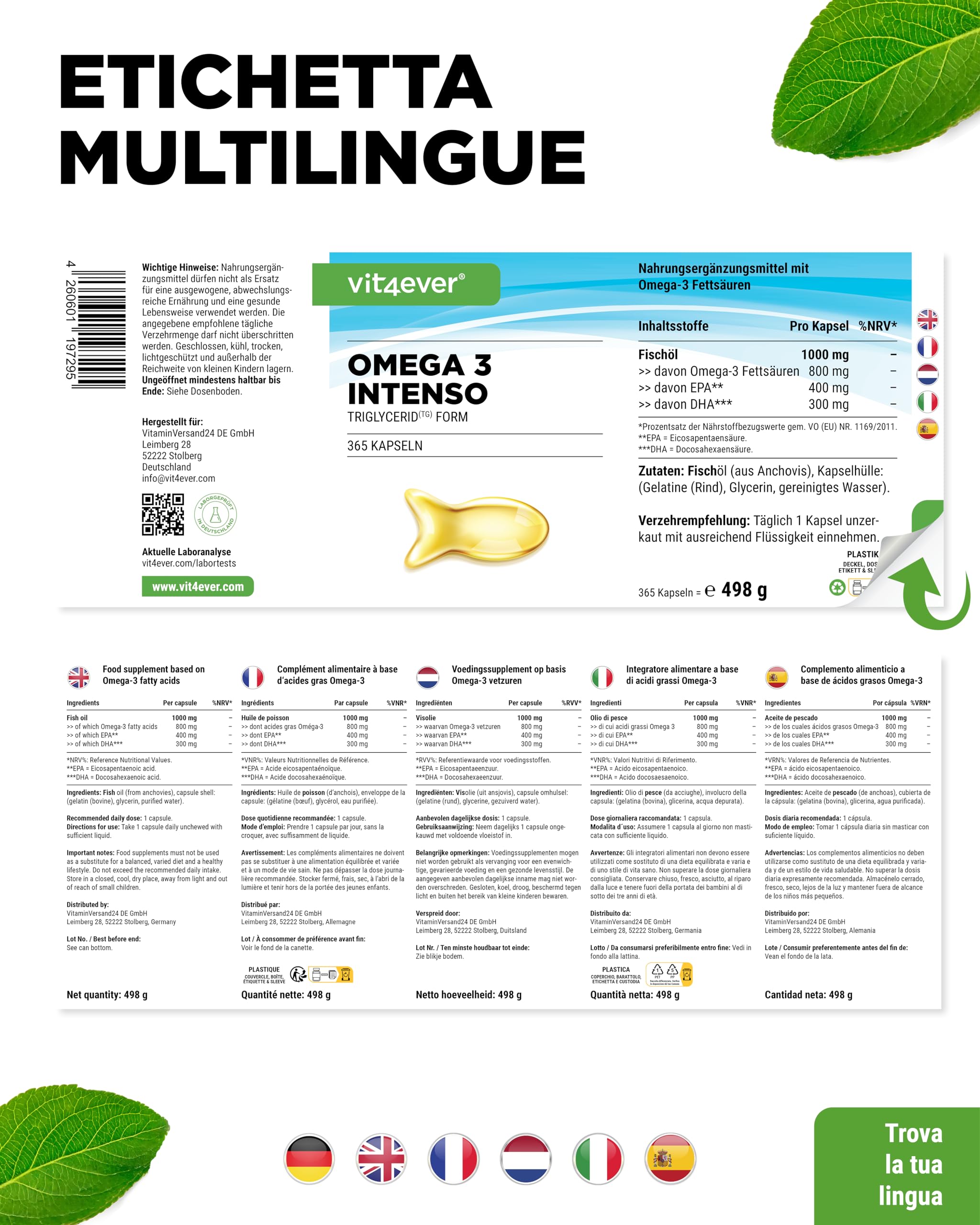 vit4ever Premium Omega 3 con l'80% di Acidi Grassi - 365 Capsule | 1000 mg di Olio di Pesce per Capsula con EPA e DHA - Forma di Trigliceridi