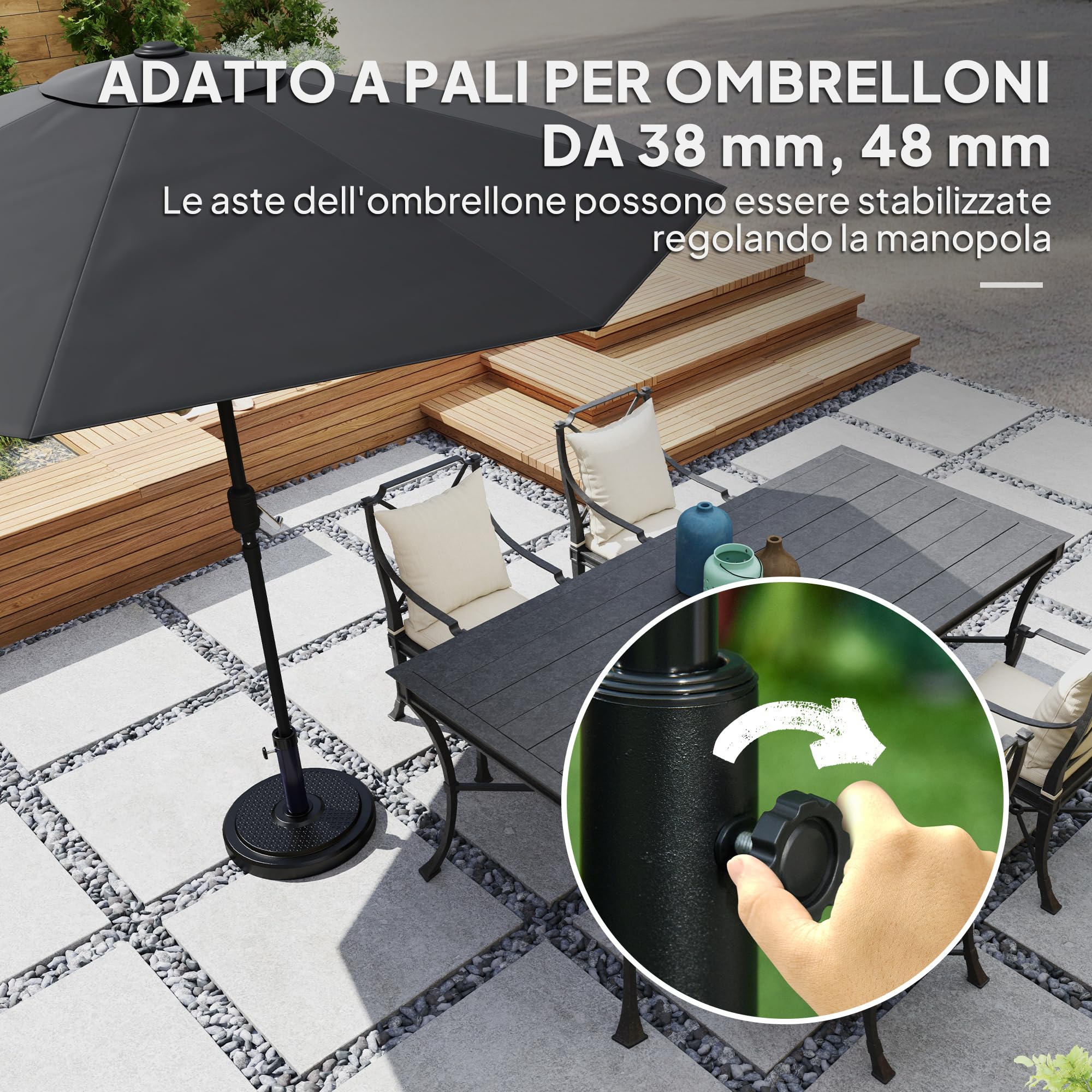 Outsunny Base per Ombrellone da 22 kg per Ombrelloni Max. Ø2.8 m, Nero | Basamento Rotondo, Pali da Ø38 mm o Ø48 mm