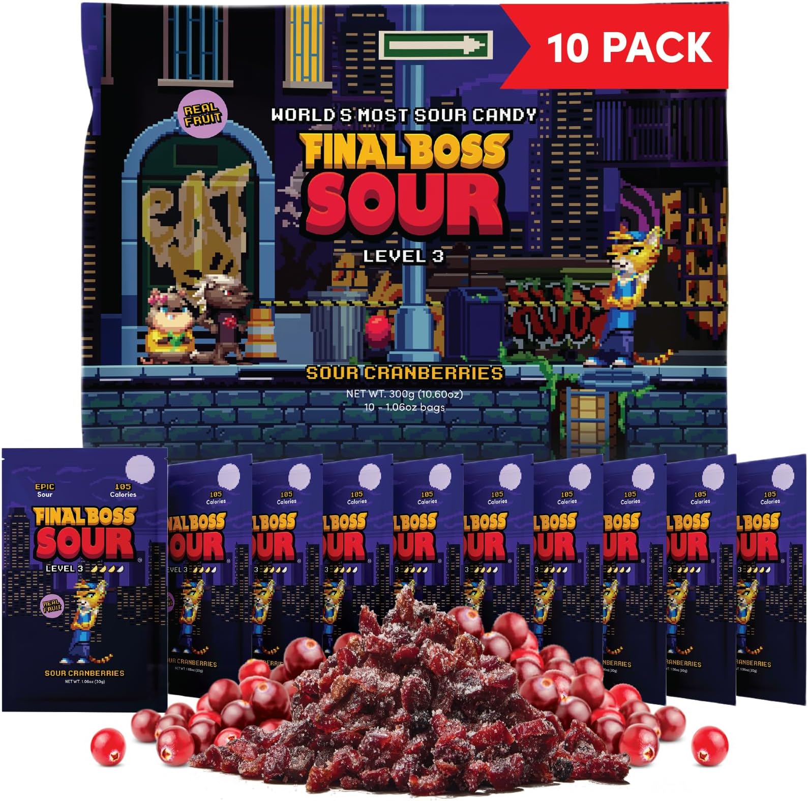 Final Boss Sour Candy, Sour Cranberries, 10 Pack, Level 3, Fruit Chews with Real Dried Fruit, No Artificial Colors or Flavors, Low Calorie Snack for Kids, Teens, Adults, Lunch Boxes