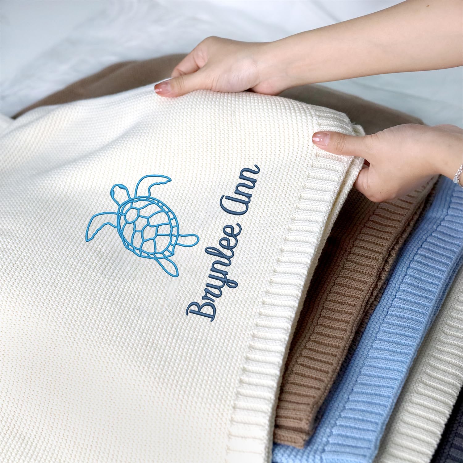 Embroidered Baby Blanket with Name, Personalized Baby Blanket Name for Boys Girls, Custom Embroidery Blankets for Son Daughter, 30x40 inches Cotton Knit Blanket (Sea Turtle)