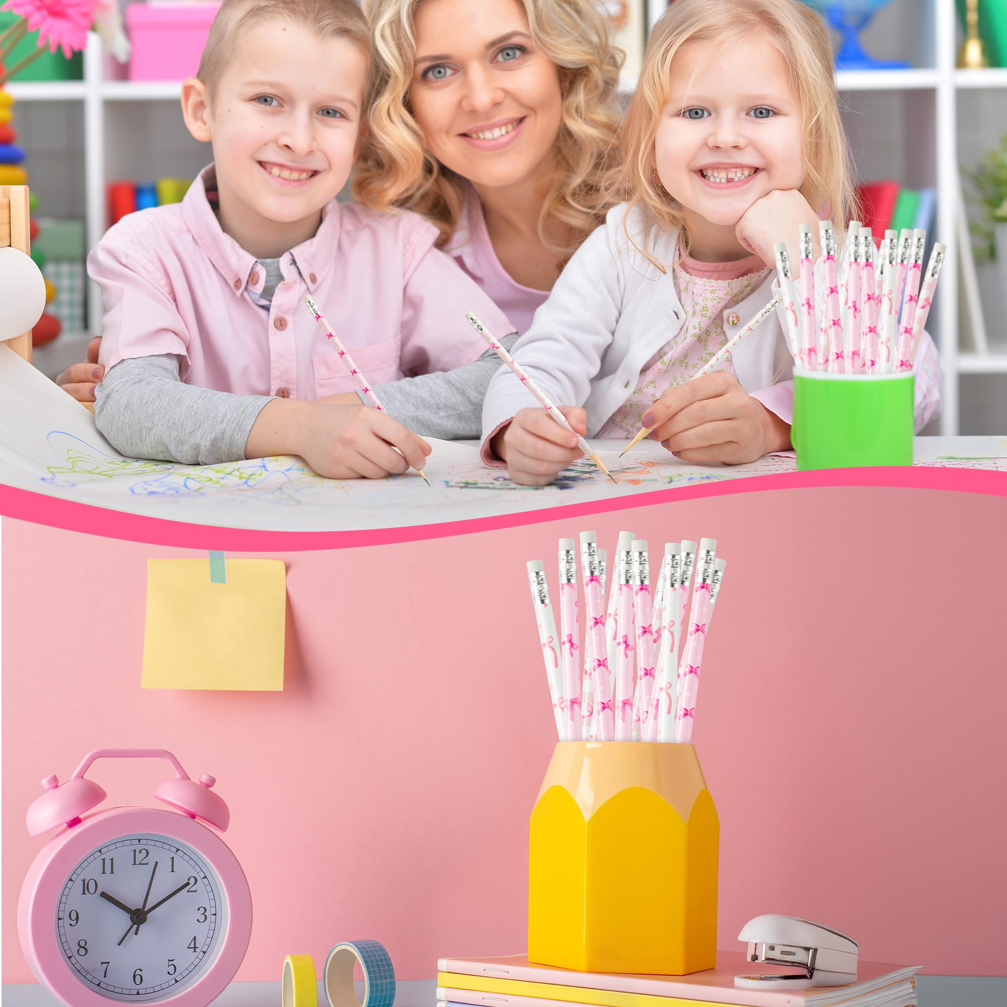 Xqumoi Bleistifte mit Radiergummi, 60 Stück, Kokett-Rosa mit Schleife, Nr. 2, HB-Bleistifte, Belohnungen für Schulklassenzimmer, Studenten, Schule, Büro, Party, Goodie-Bag-Füller