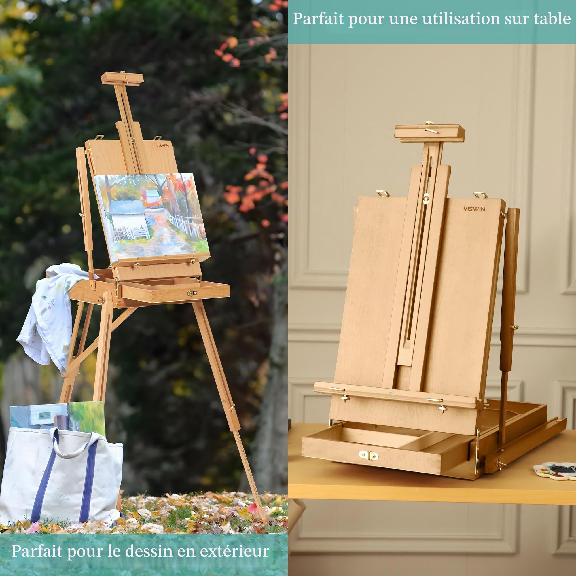 VISWIN chevalet français contenir des toiles jusqu'à 34", support de chevalet en bois de hêtre avec instrument de niveau et pied d'échelle