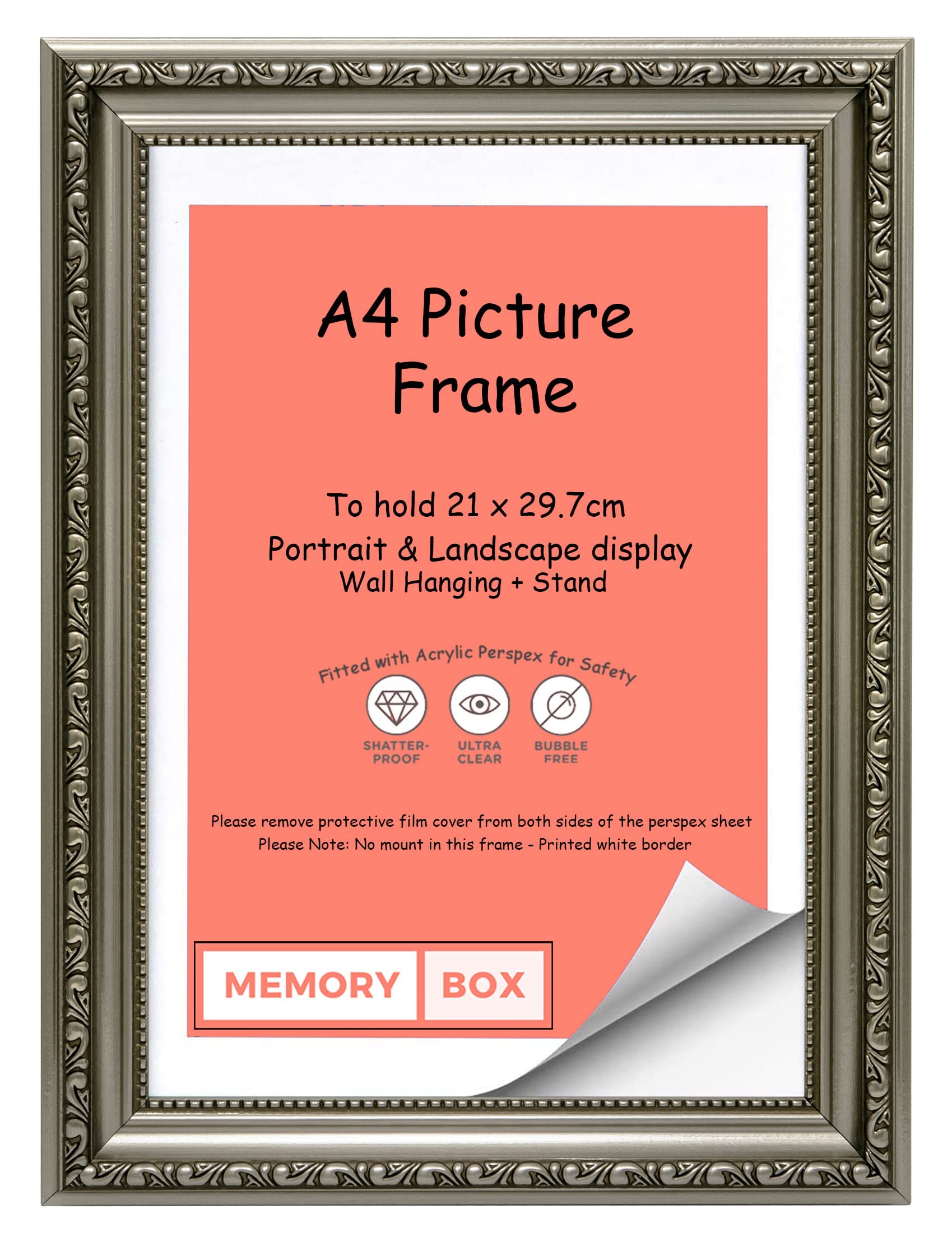 Memory Box Ornate Shabby Chic Picture/Photo/Poster frame with Real Glass - (21.0 x 29.7cm) Gun Metal A4