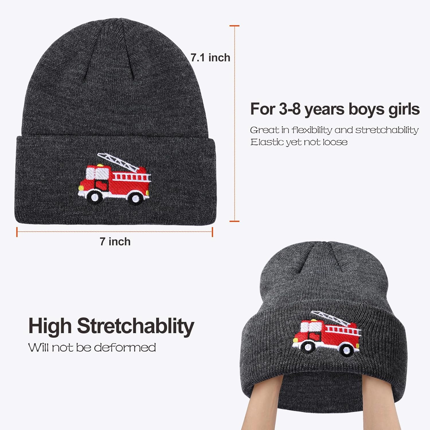 Kids Knit Beanie Cute Fire Trucks Embroidery Warm Cuffed Skull Caps Classic Autumn Winter Hats for Boys Girls 3-8 Years - Image 4