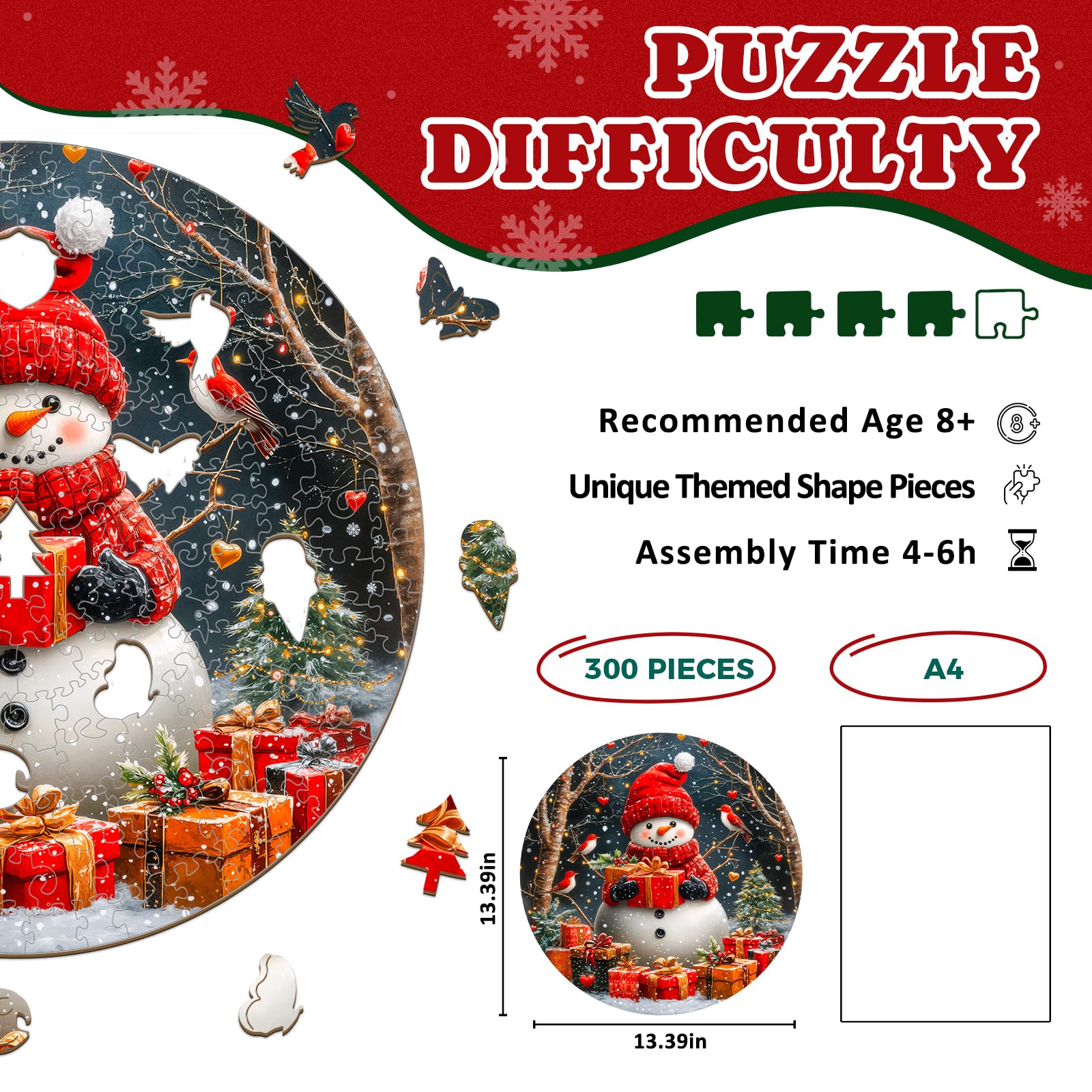 Puzzles de Noël en bois pour adultes – Bonhomme de neige | Pièces de puzzle en bois de forme unique, cadeaux ronds en bois pour les amateurs de puzzle, la famille (34 x 34 cm