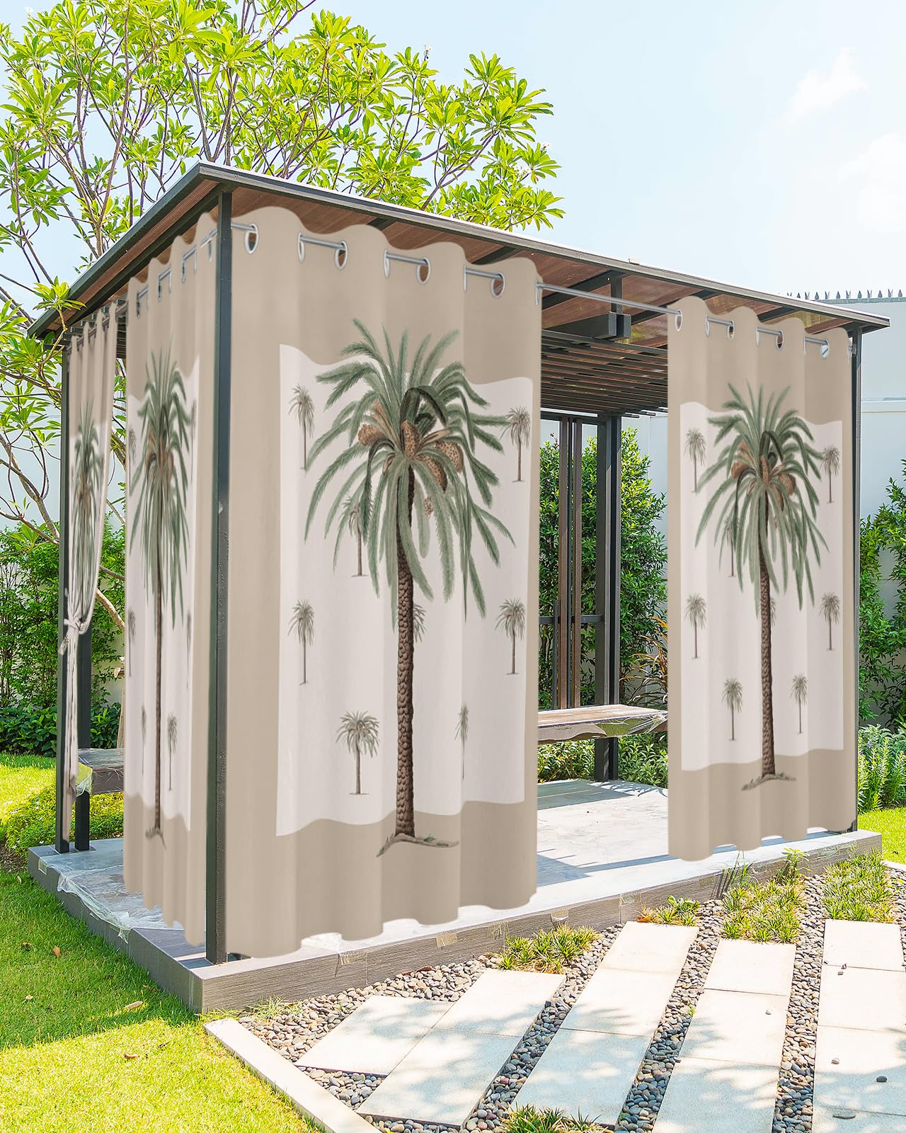 Stripe Waterproof Outdoor Curtains for Patio Tropical Palm Tree Privacy Weatherproof Outside Curtains Grommet Drapes for Porch Gazebo Pergola Backyard 54