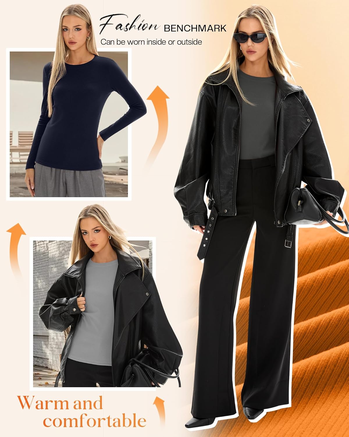4 Pack Women's Thermal Long Sleeve Shirt Ribbed Cotton Slim Tops Crew Neck Basic Undershirt Stretch Layer Blouses