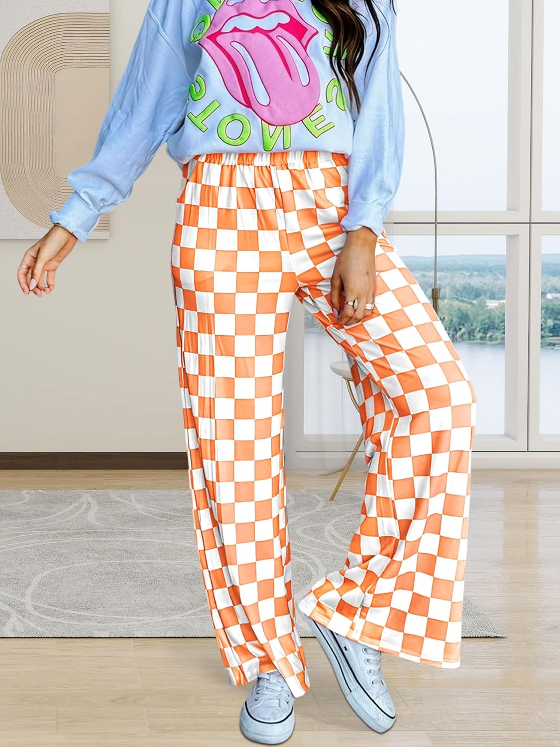 Womens Checkered Pants Y2K Pajama Pants Elastic Waist Wide Leg Lounge Pants Comfy Pj Bottoms with Pockets Loungewear - Image 5