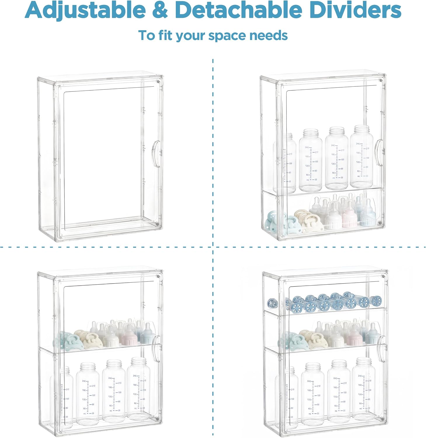HBlife Baby Bottle Storage Organizer Wall Mount, 3 Tiers Adjustable Clear Acrylic Bottles Storage Station Case Box Container with 2 Removable Dividers and Magnetic Door for Countertop Cabinet, Medium