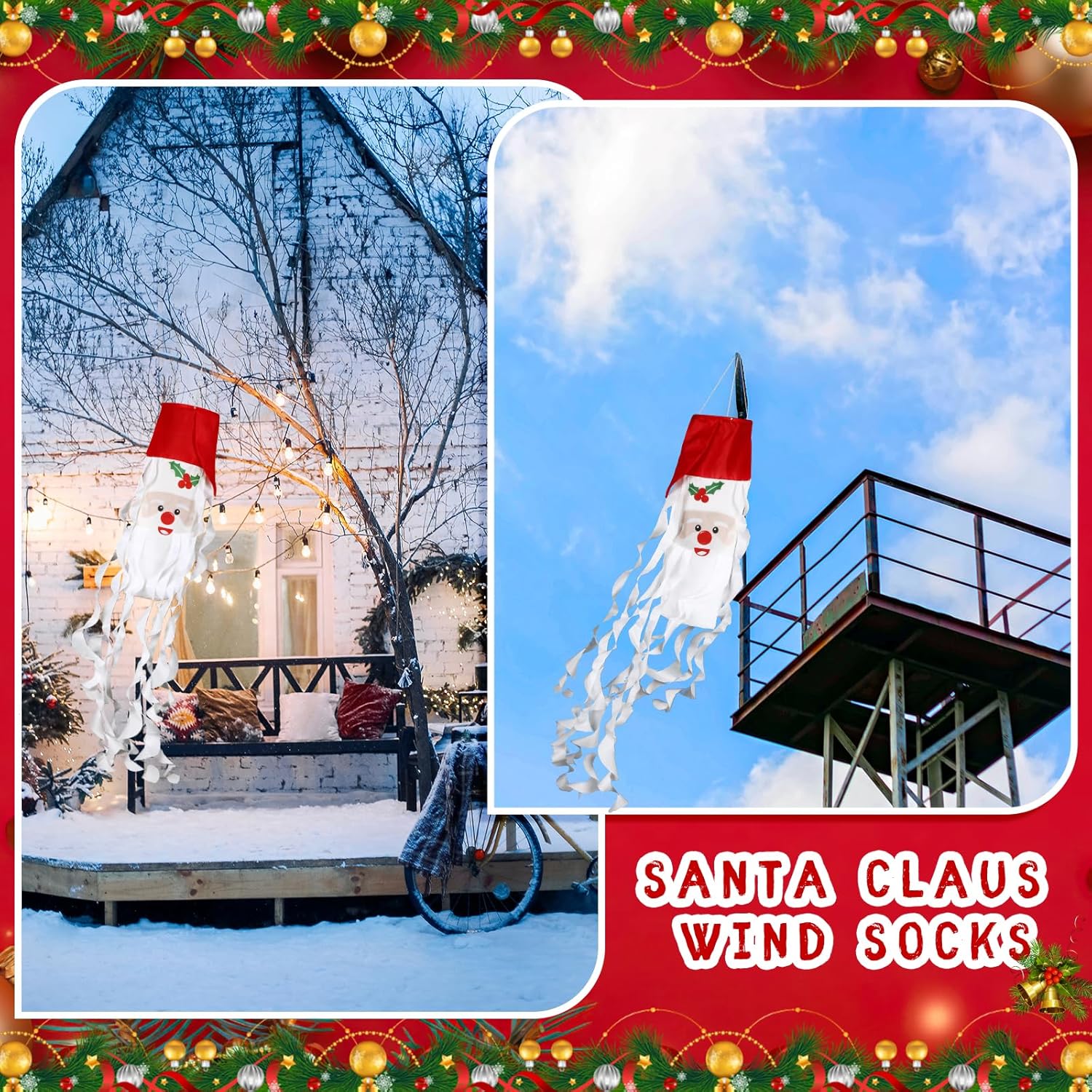 Tiamon 2 Pieces Christmas Windsock Santa Claus 3D Windsocks with Bell Heavy Duty Xmas Windsock Flags for Indoor Outdoor Gardens Yard Patio Lawn Porch Tree Winter Holiday Hanging Decorations, 40 Inch