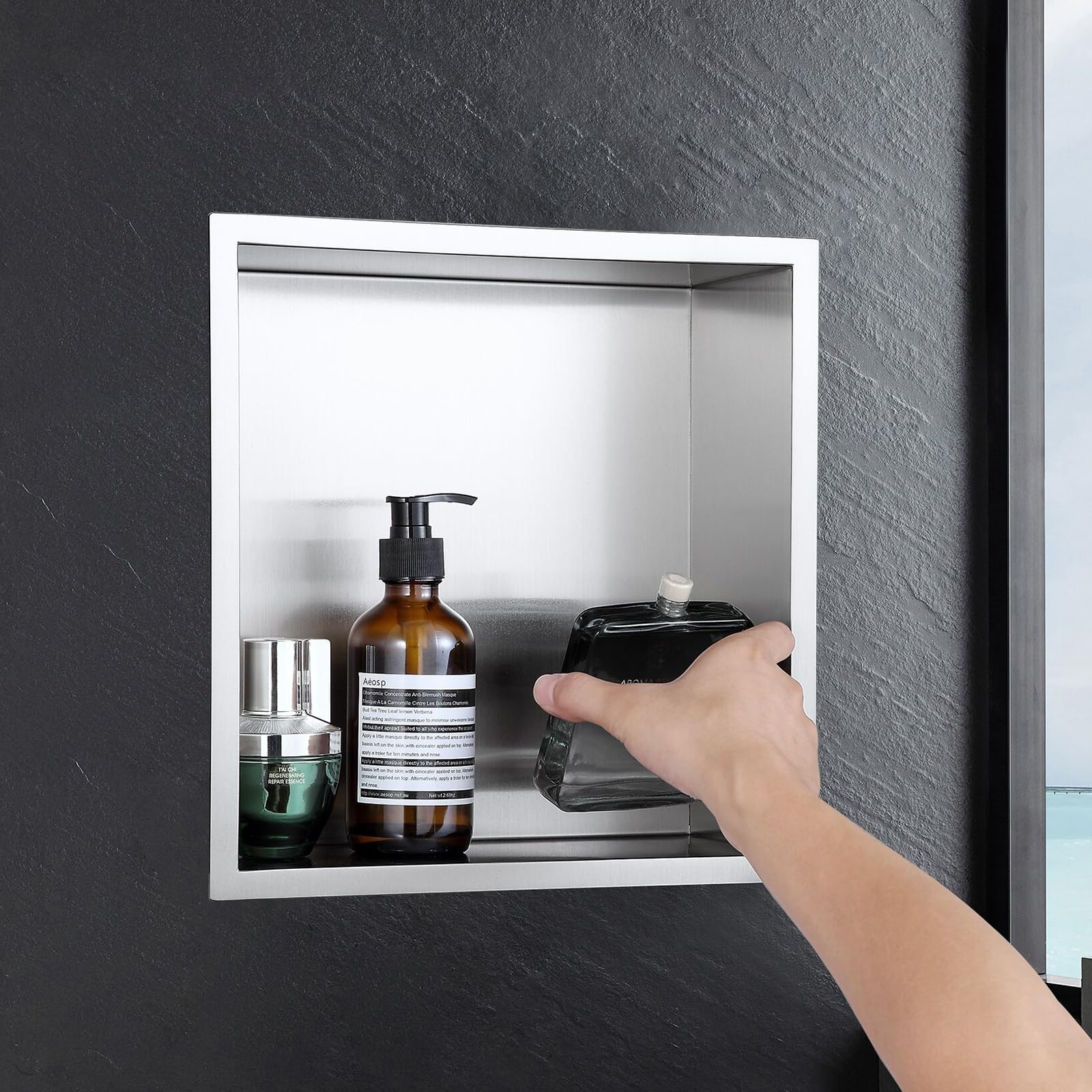 KINKIBOS Wall Niche Shower Stainless Steel, No Tiles Required, Embedded Shower Niche 30 x 30 x 10 cm, Shower Niche Single Shelf Storage, Nano Silver