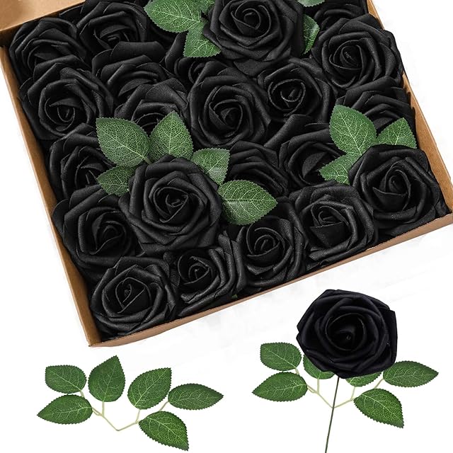 Homcomodar Artificial Flowers Pink Rose 30pcs Real Looking Fake Roses with Stem for Wedding DIY Bouquets Centerpieces Arrangement Party Home Décor (Black, 30pc)