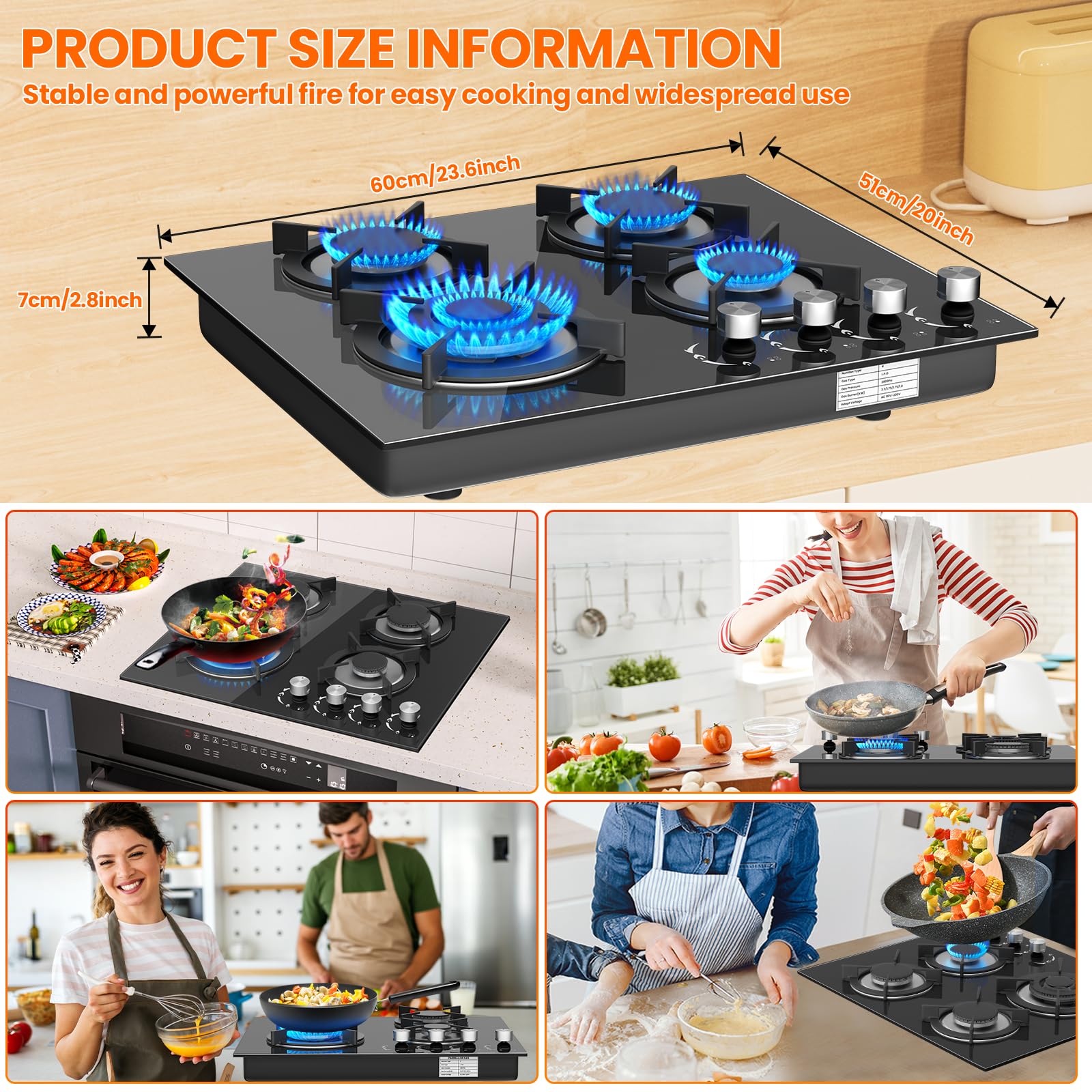 Gas Hob 4 burners, Built in Black Glass Gas Hob with Flame Out Protection,with Cast Iron Supports,NG/LPG Convertible — view 7