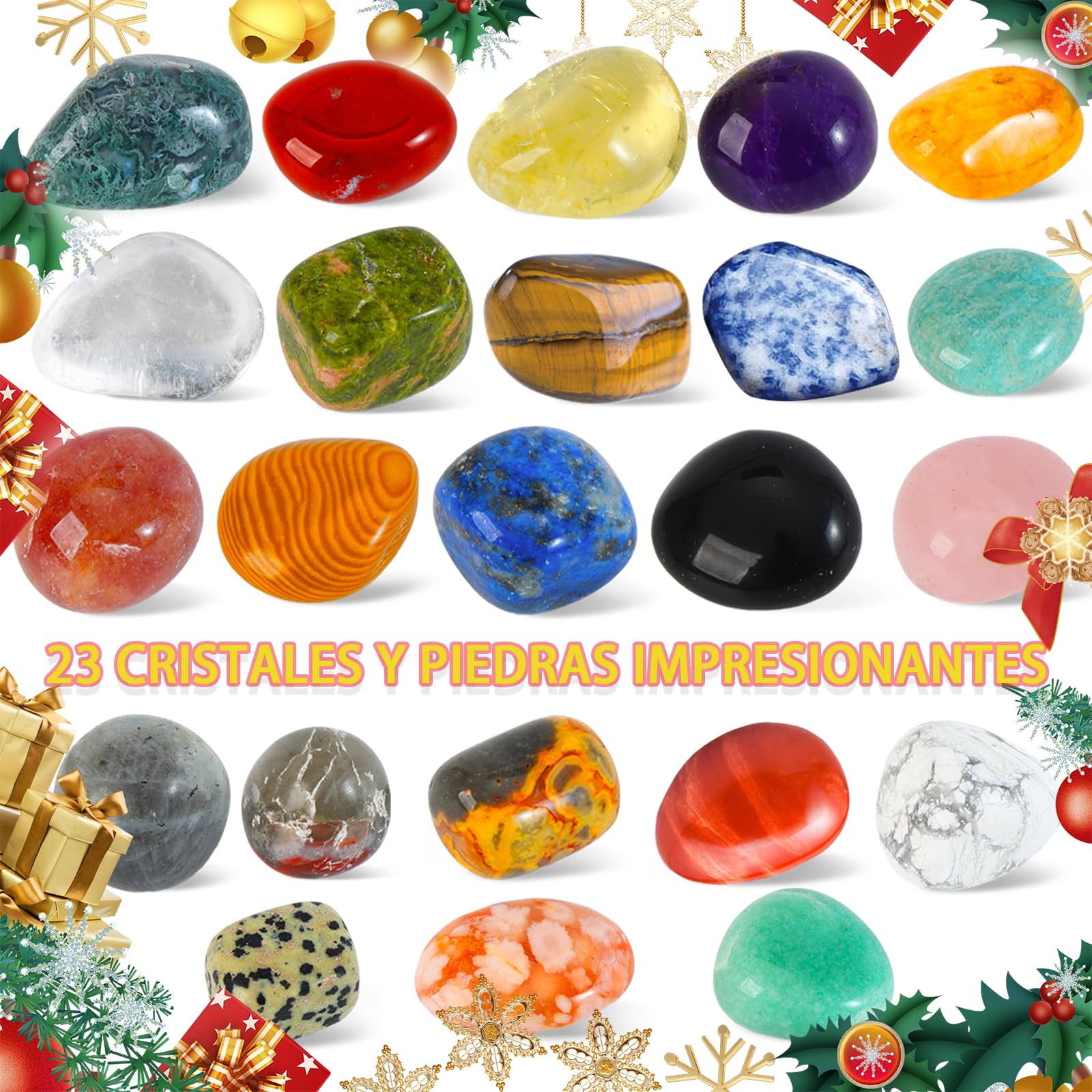 Calendario de Adviento de cristal 2025, 24 sorpresas con árbol de cristal de chakra, 23 rocas naturales y piedras preciosas para aprender, coleccionar, calendario de Adviento de Navidad, regalo para