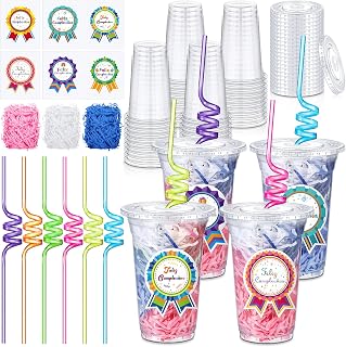 Qinyoung 24 Set Creative Spanish Happy Birthday Gifts from Teacher Students Birthday Cups with Lid Colorful Straws Sticker and Raffia Disposable Plastic Cups for Reward Kids Classroom Party Supplies