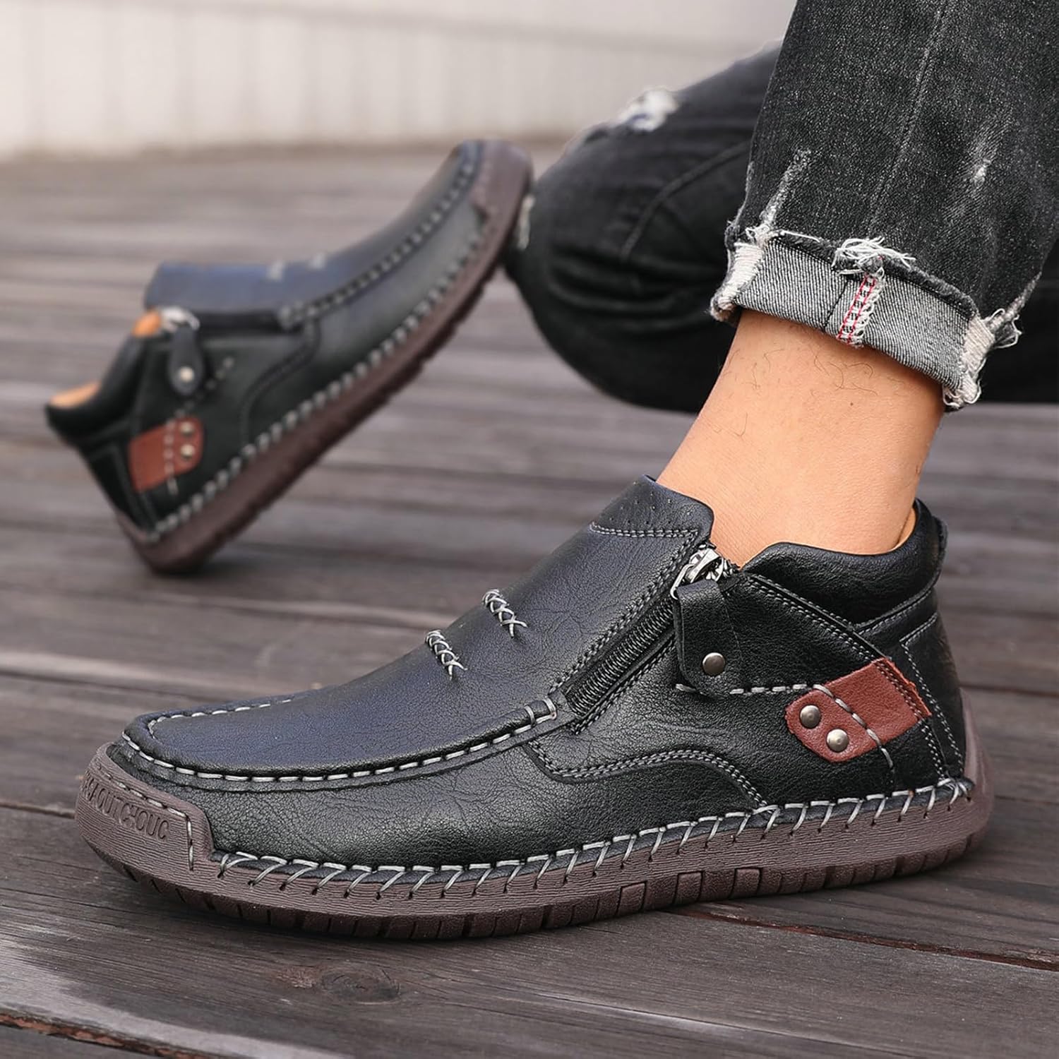 Men's Mid-top Chukka Boots,Fall Winter Fashion Vintage Leather Handmade Non-Slip Side Zip Driving Casual Dress Shoes - Image 2