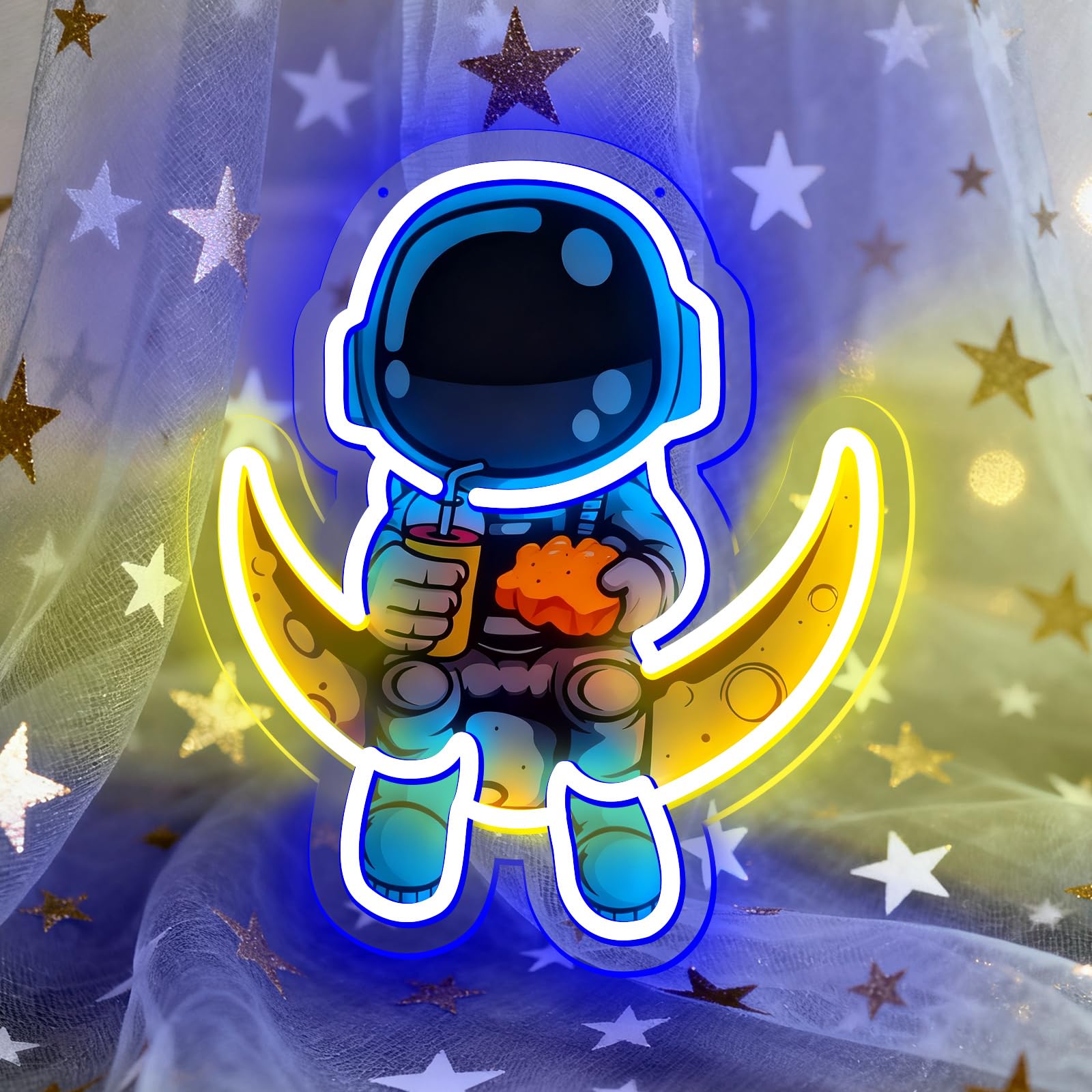 Astronaut Eating Burger Space Themed UV Print Neon Sign Art Decoration Handmade Moon LED Lights Home Bedroom Wall Decoration Game Room Men's Cave Party Bedroom Boy's Birthday Gift (15 * 17.7 Inches) — image 1