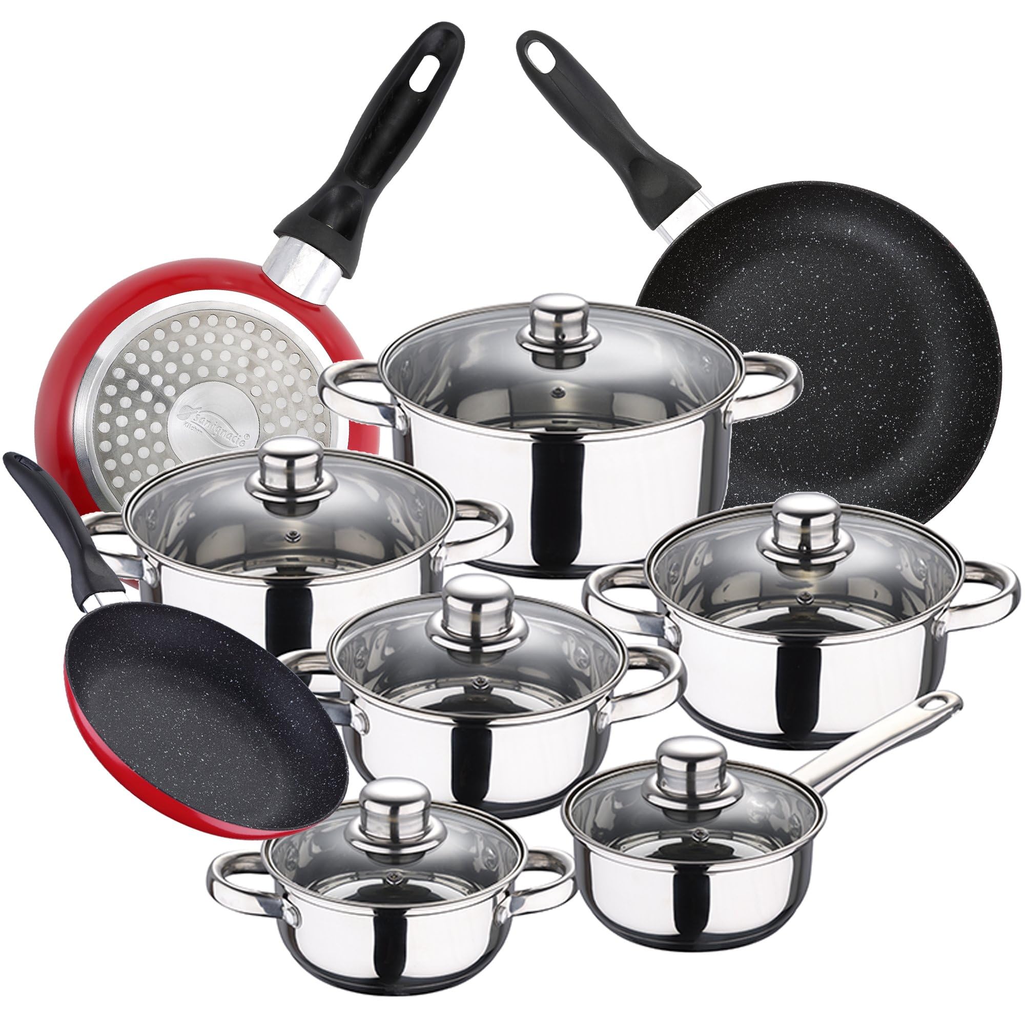 SAN IGNACIO Confezione 3 Padelle In Alluminio Con Rivestimento Marmo (16, 20, 24 Cm) + Set 24 Posate Acciaio Inox Con Manici Multicolore - 4