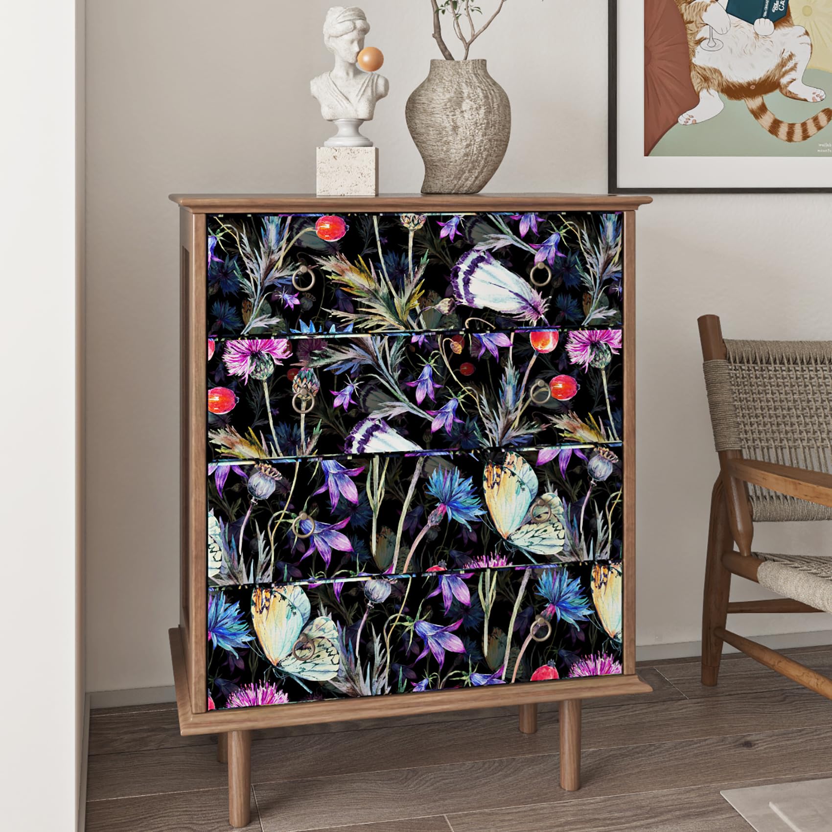 ReWallpaper 44,5CMx7M Carta Adesiva per Mobili Fiori e Sfondo Nero Carta Da Parati Adesiva Muro Farfalla Viola Carte Da Parati Camera Da Letto Salotto PVC Rivestimento per Armadio Porte