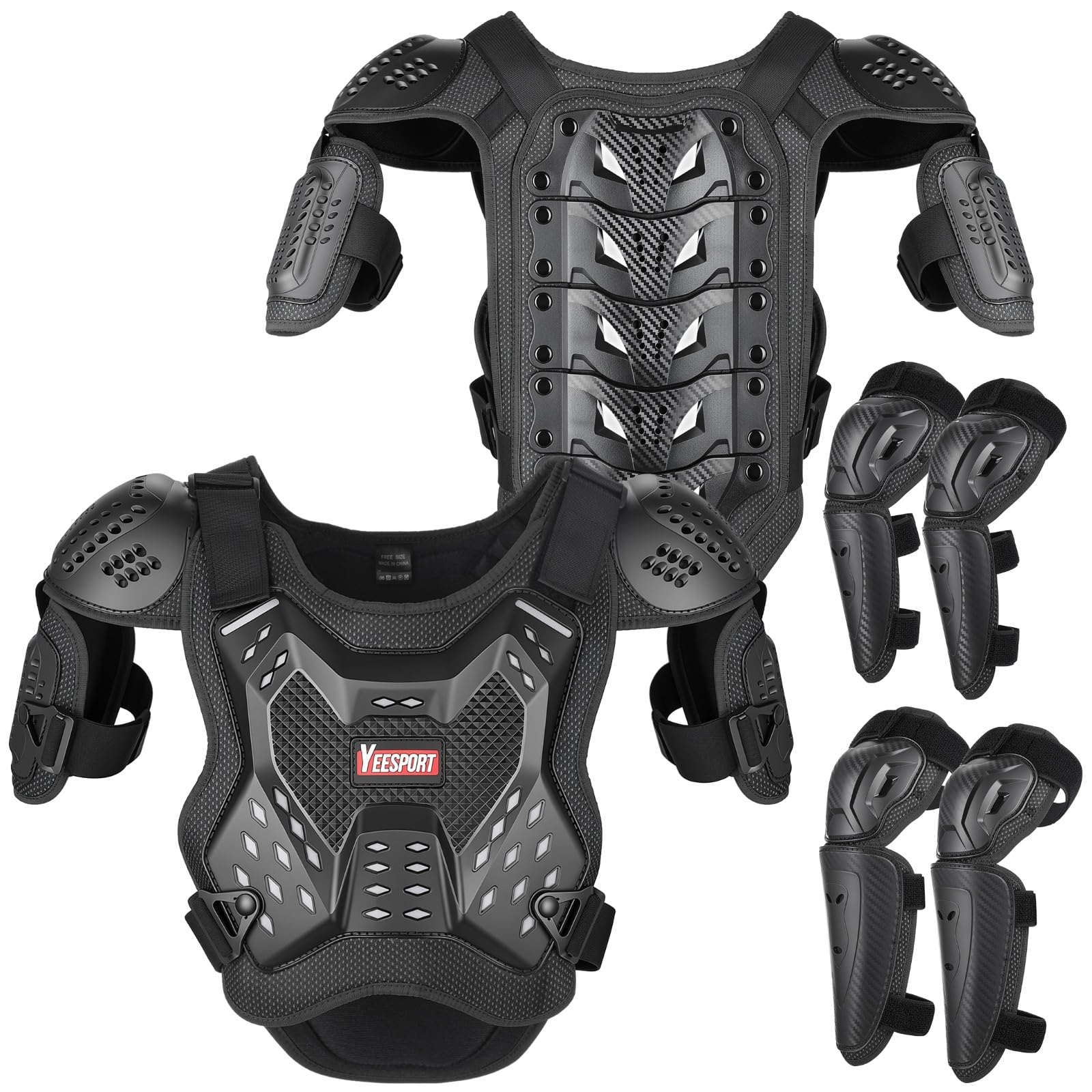 Kinder Brustpanzer Protektoren Set Motocross Schutzausrüstung | Kinder Schutzkleidung mit Protektorenweste, Brustschutz, Rückenprotektor, Kniepads, Ellbogenpads, Mesh-Gewebe und Reflektoren
