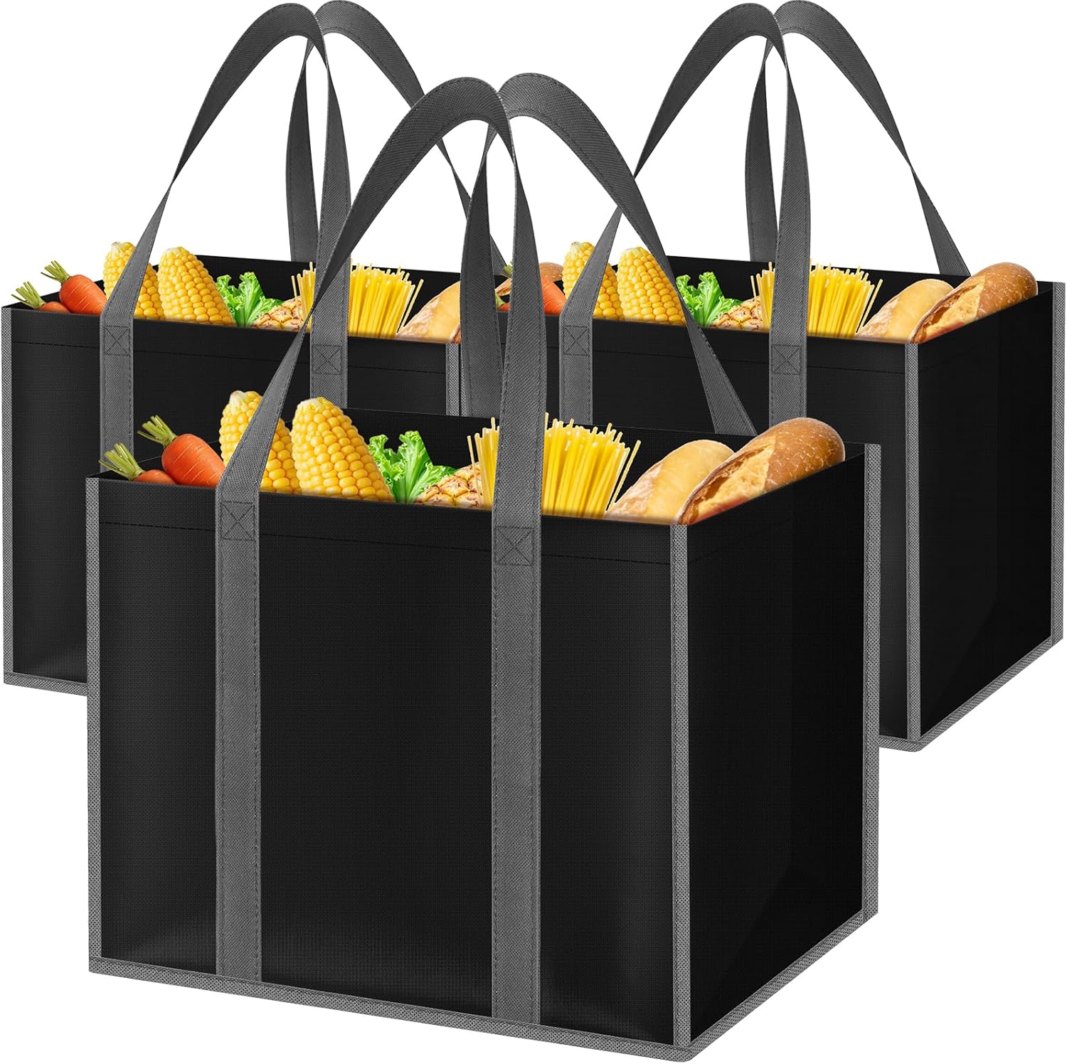 SpaceWhisper Reusable Grocery Bags with Long Handles [3 Pack] – Multipurpose Shopping Bags for Groceries, Foldable Grocery Totes Resist Water & Stains for Kitchen, Car Trunk, Picnic (Black)