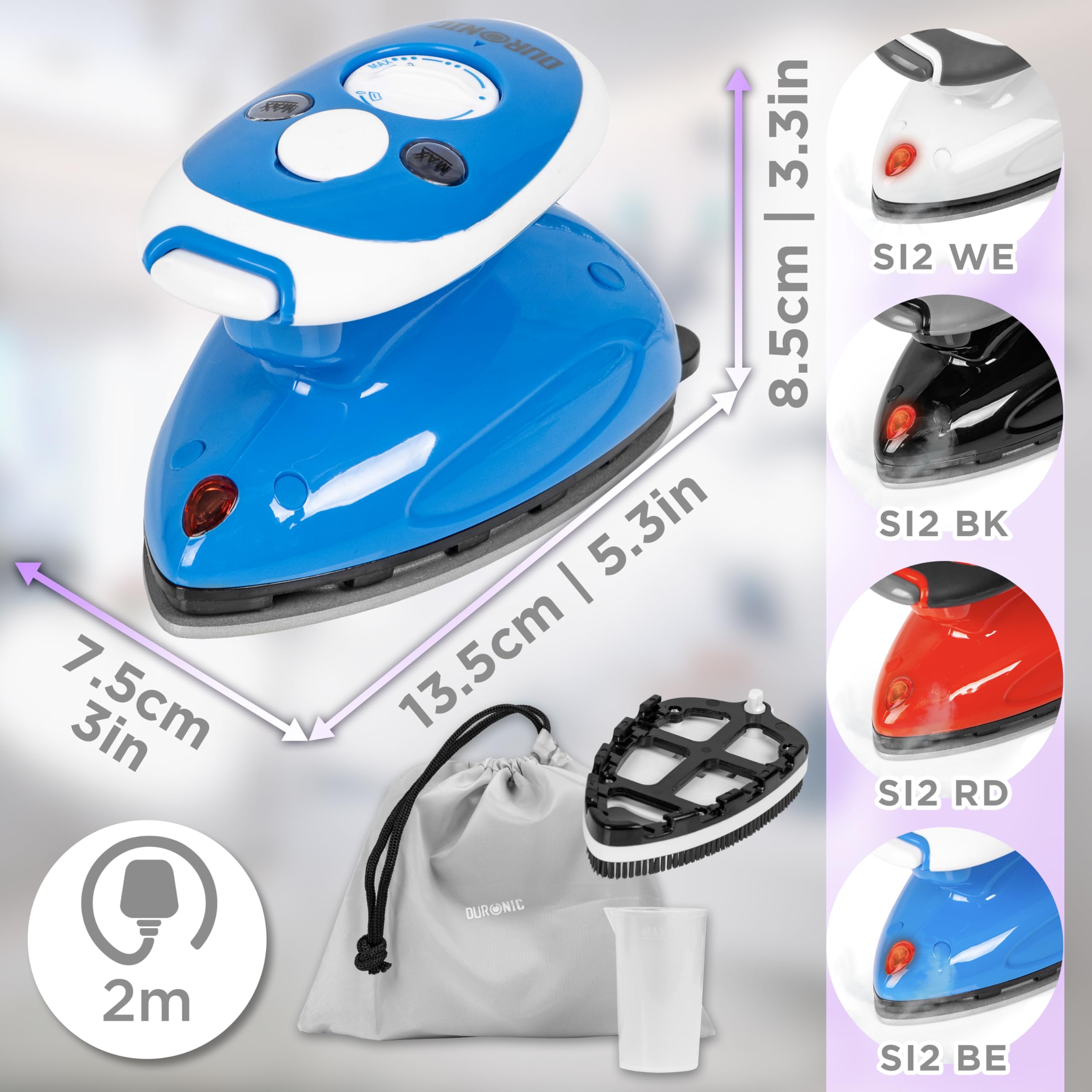 Duronic SI2 BE Mini Ferro da Stiro, Ferro da viaggio a vapore 375 W, Serbatoio 50ml, Steamer portatile con spazzola e borsello da viaggio, Ferro a vapore per lavori di cucito, quilting, Blu