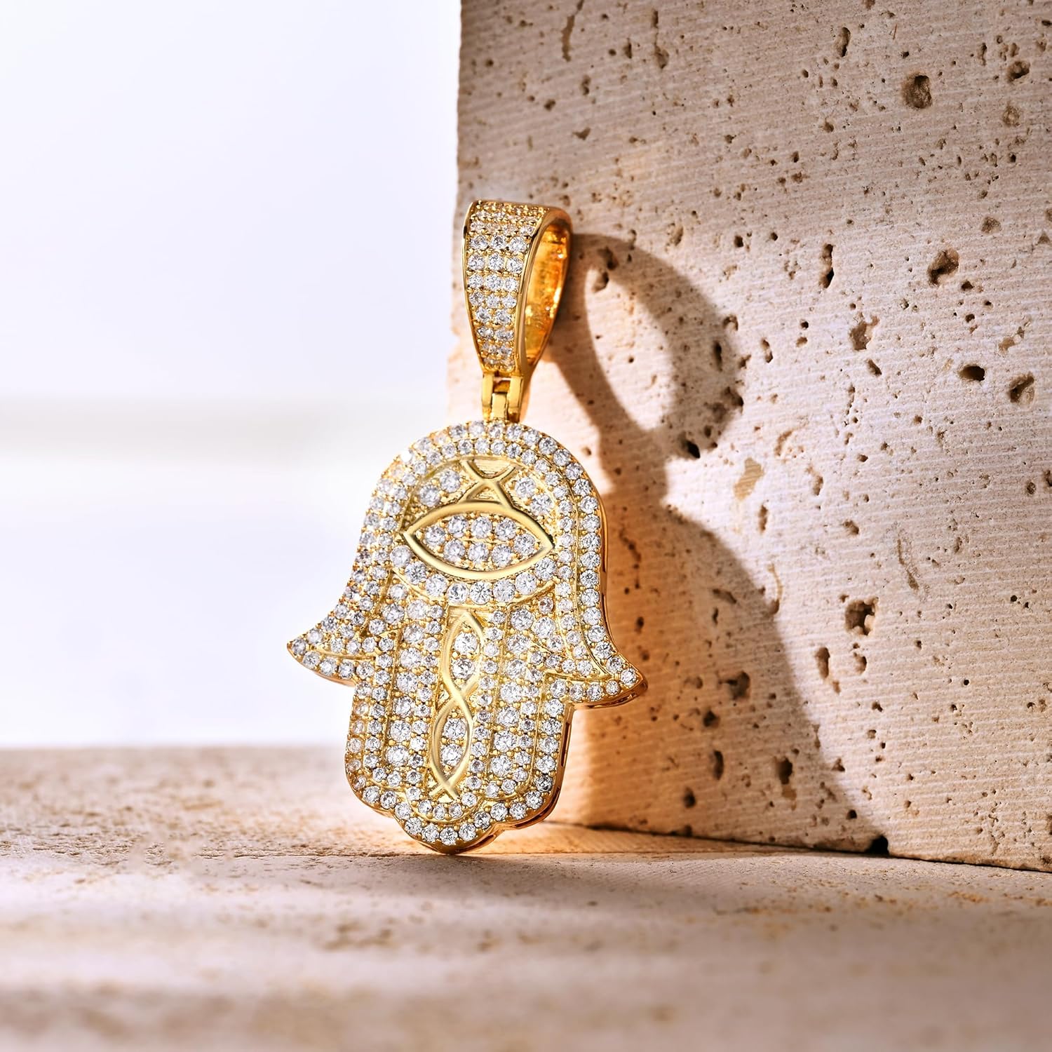 18K or White Real Gold Plated Evil Eye Hamsa Hand Pendant Necklace Iced Out Good Luck Protection Fatima Pendants Chain for Men Women(Custom Box and Pouch Packing) - Image 5