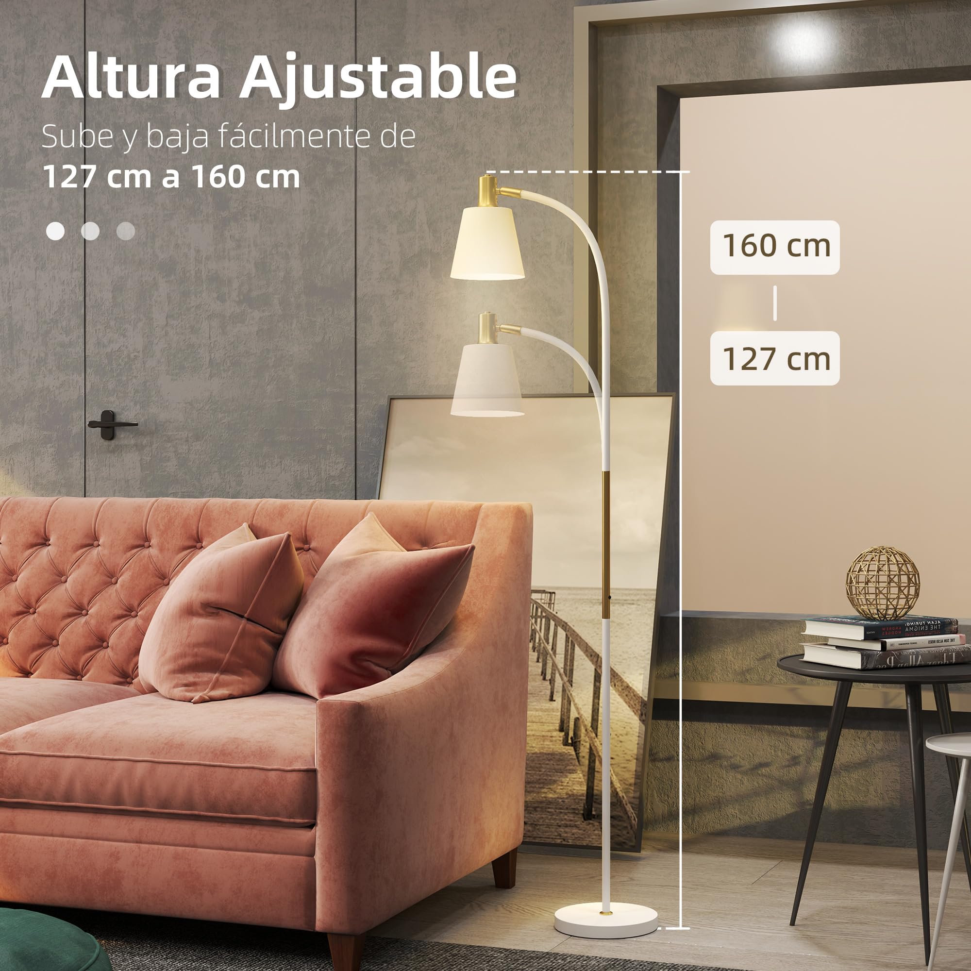 HOMCOM Lámpara de Pie LED con Altura Ajustable Pantalla Blanco y Dorado | Lámpara de Pie Salón, Interruptor Basculante, para Sala de Estar Oficina Dormitorio