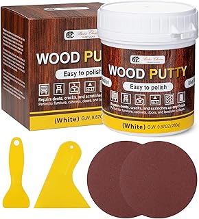 Bates- Wood Filler Putty Repair Kit, 9.87 Ounce, 2 Scrapers, 2 Sandpapers, White Wood Putty Filler Paintable & Stainable for Cracks, Holes and Defects in Wooden Furniture