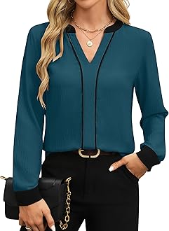 Fayenne Womens Tops Dressy Casual V Neck Color Block Business Casual Blouses Long Sleeve Work Shirts Fall Trendy Clothes