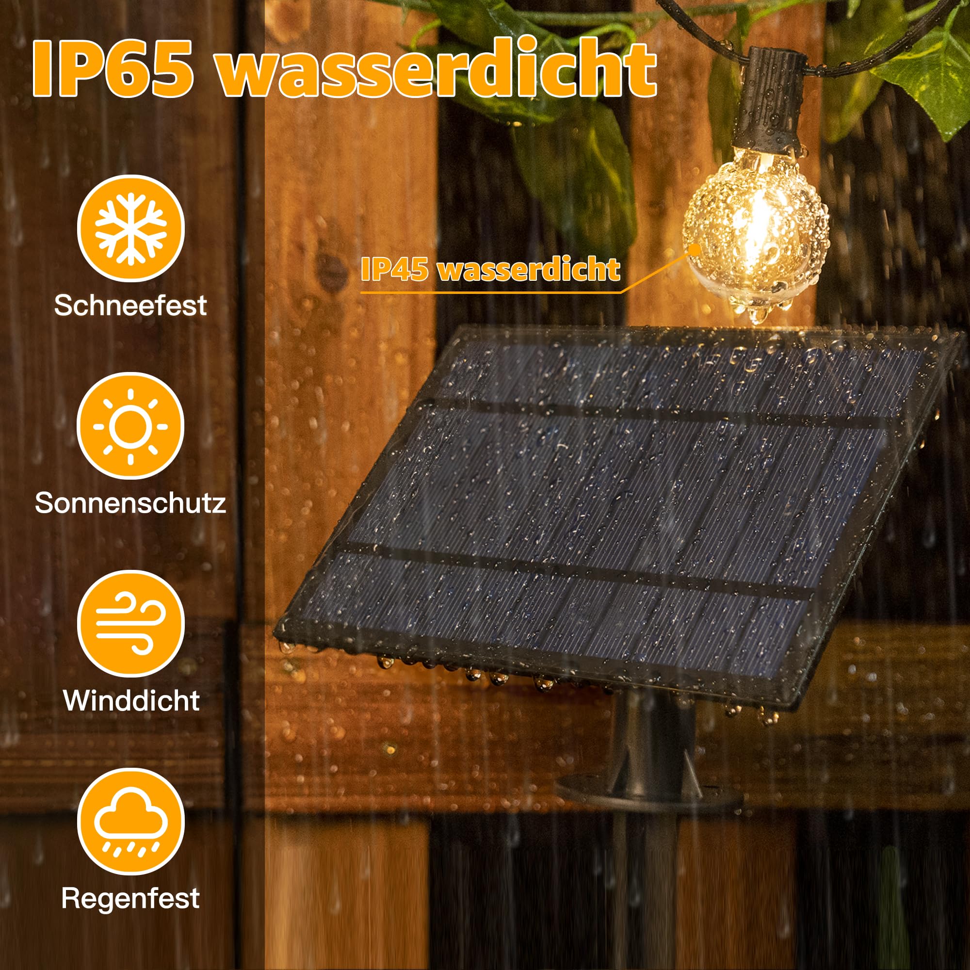 Ollny Cadena de luces solares para exteriores de 30 m con 50 + 2 bombillas LED, iluminación solar G40 para exteriores con mando a distancia, 3 modos de iluminación, función de temporizador, IP65