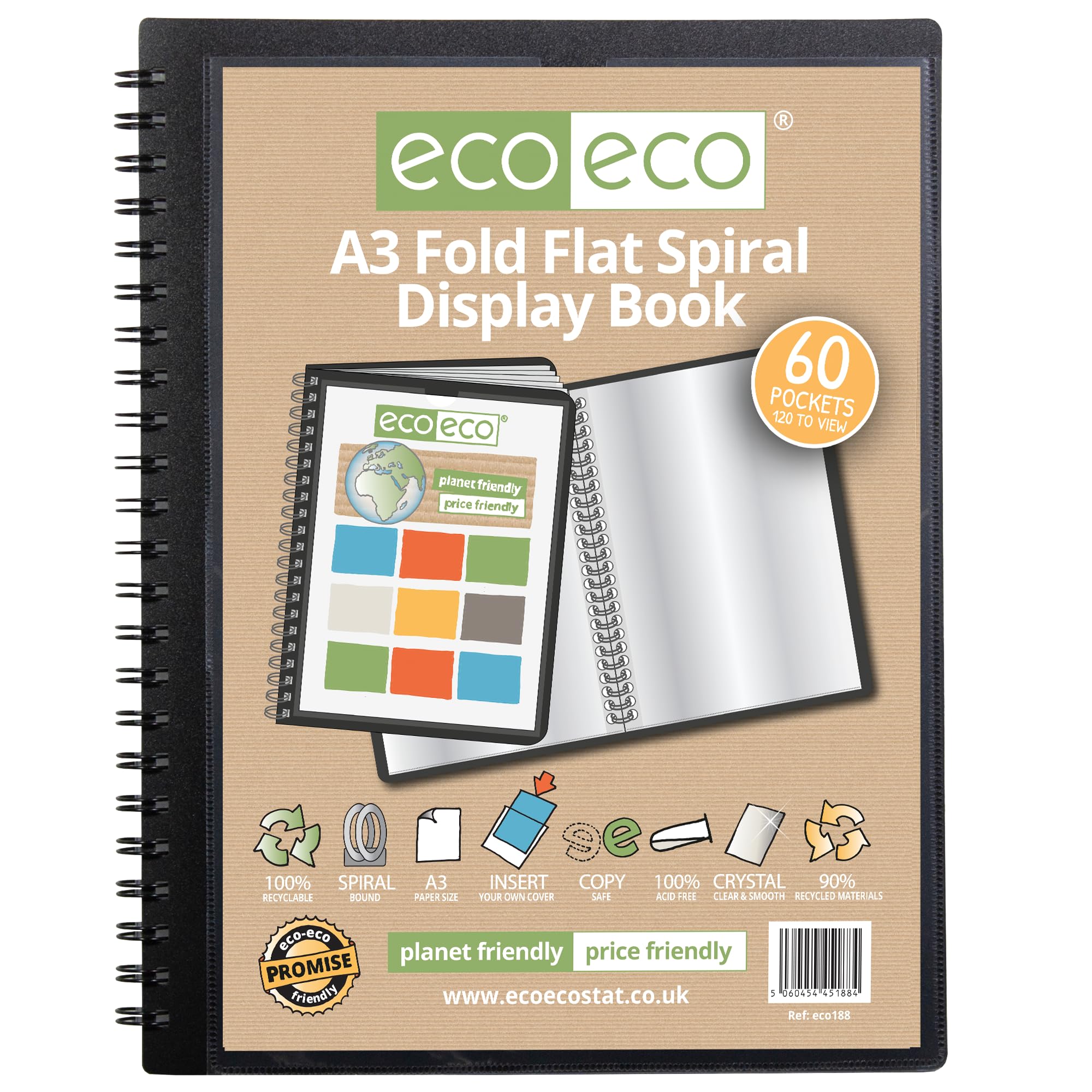 eco-eco A3 90% recycled 60 pocket Fold Flat Spiral Bound display book, eco188, Black