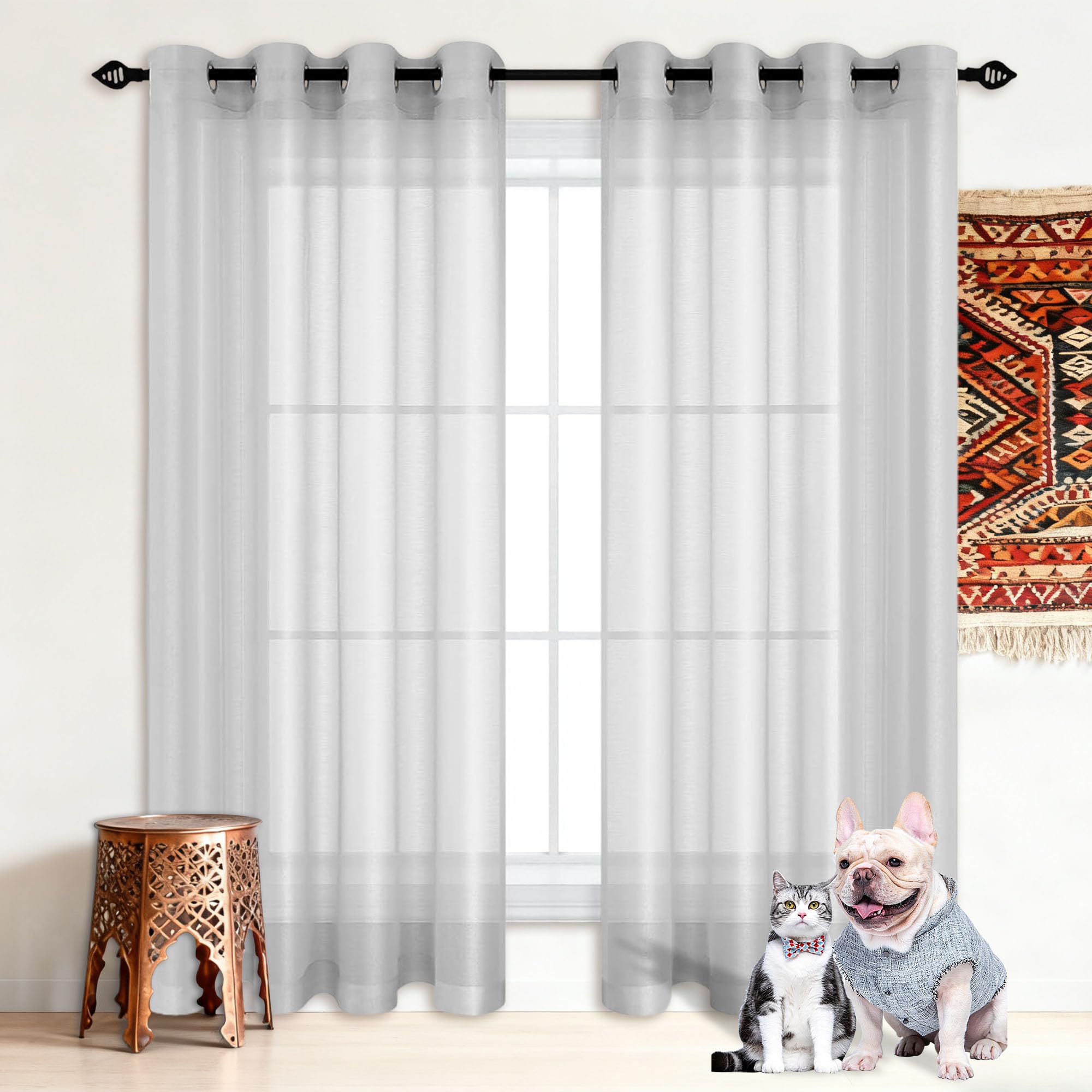 Rideau voilage transparent anti-UV gris clair 200x180 cm à oeillets