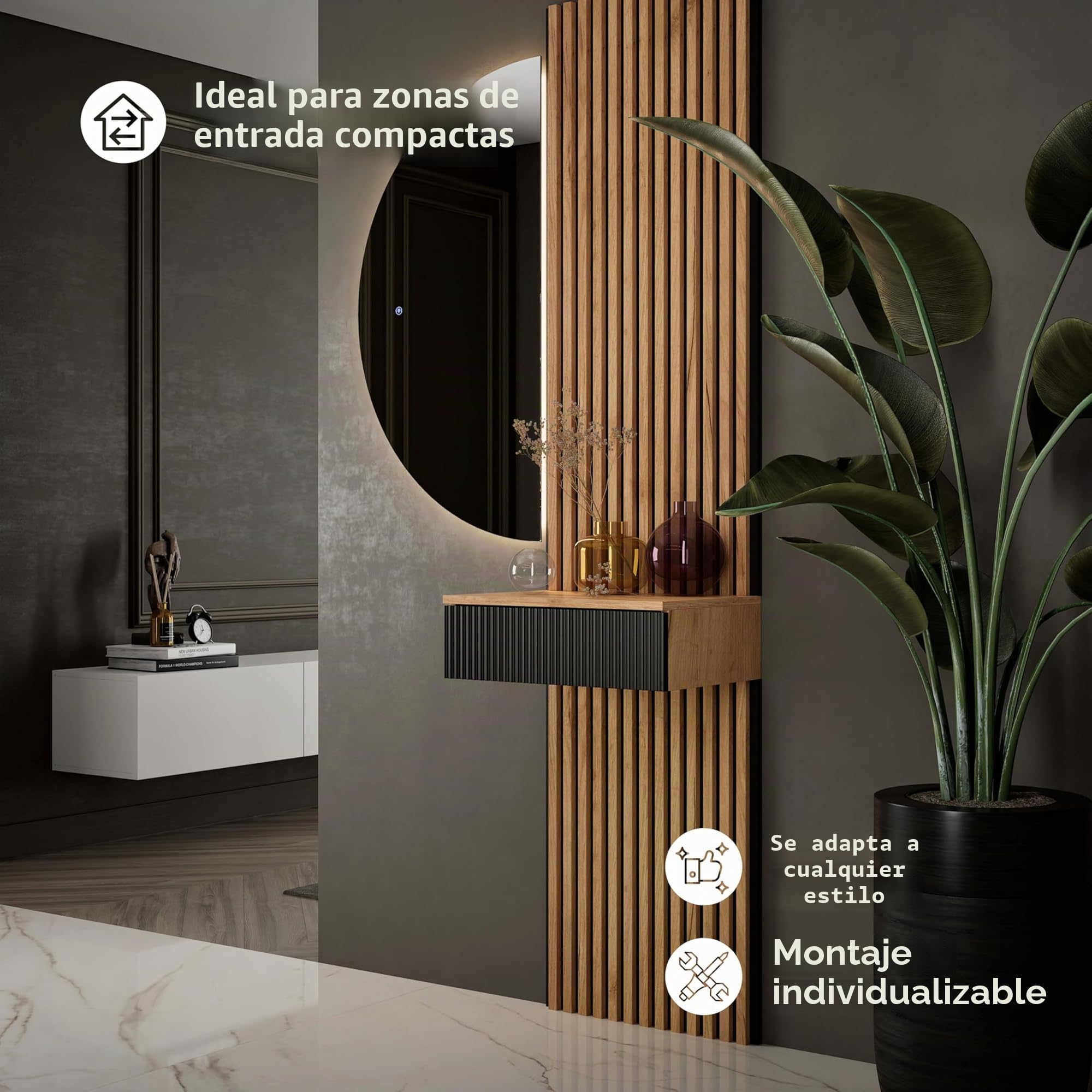 Planetmöbel Amyra - Consola estrecha con cajón, consola de pared para armario, pasillo y tocador, color dorado y negro, 50 x 16 x 35 cm