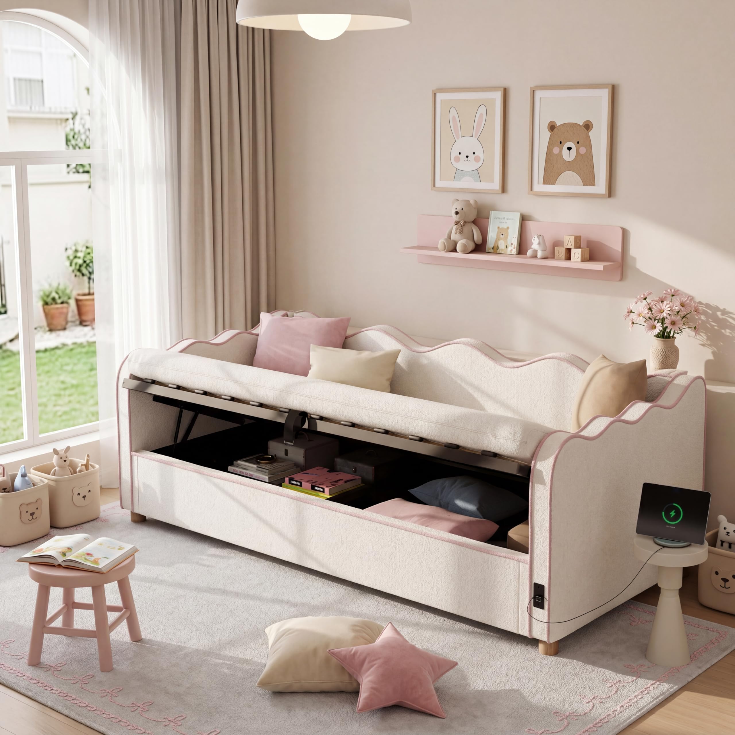 Sofá Cama 90x200 Tapizado Bouclé Cama Canapé sin Colchón Single Bed con Almacenamiento Integrado con Somier de Lamas con Elevación Hidráulica para Dormitorio Beige
