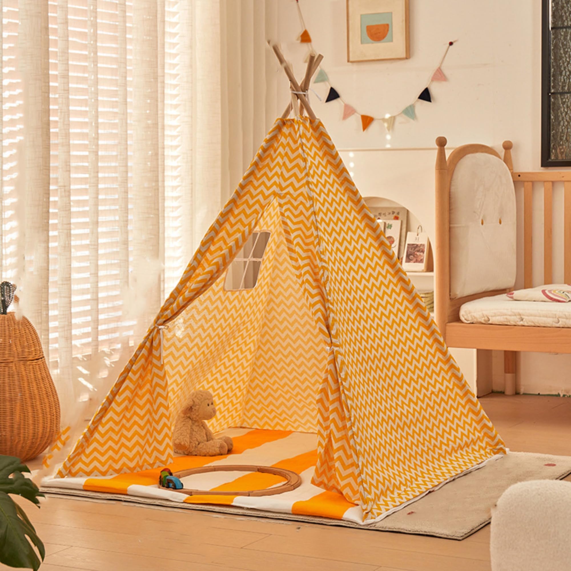 ZBELLO Teepee Tent for Kids, Kids Play Tent, Boys and Girls Playhouse, Stripes Design, Cotton and Linen Fabric, Wooden Frame (Yellow,53 inch/135 cm)