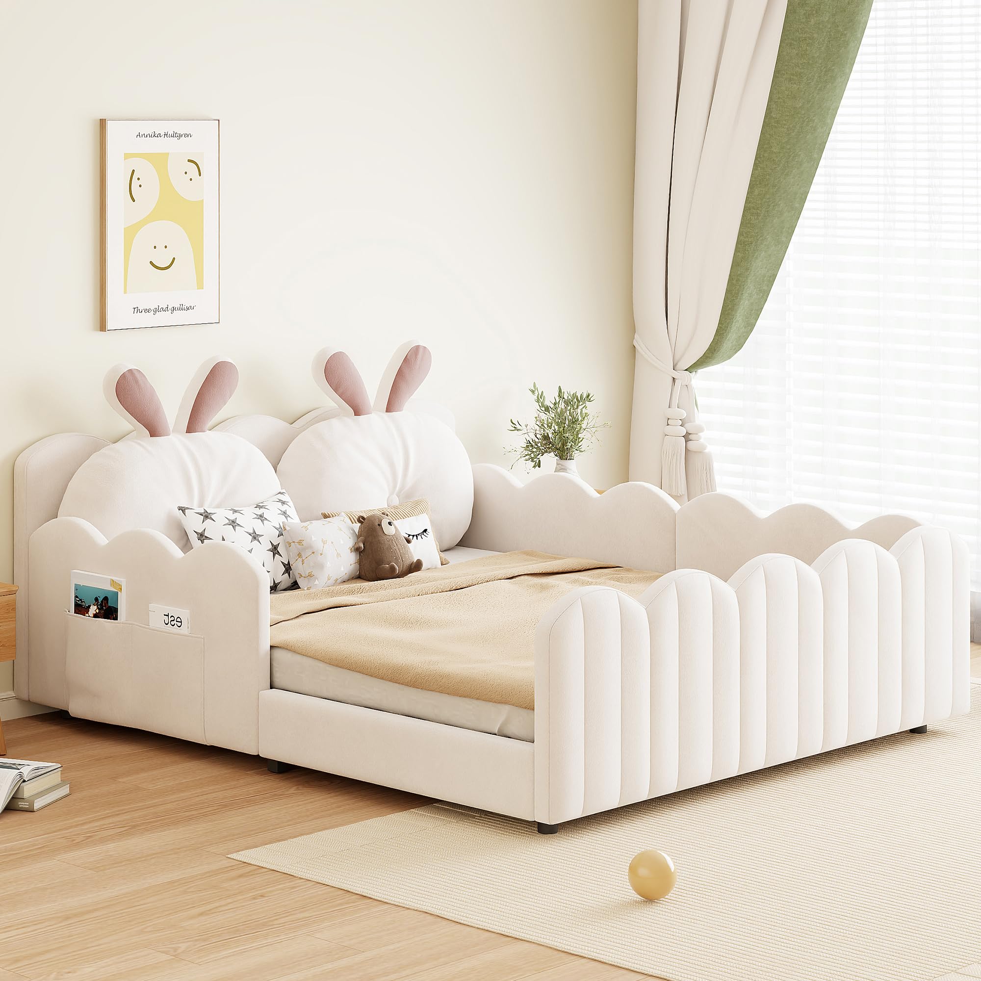 Letto imbottito 140 x 200 cm, letto con cuscino a forma di coniglio, letto per ragazzi con griglia, lettino per appartamento (senza materasso) lino beige