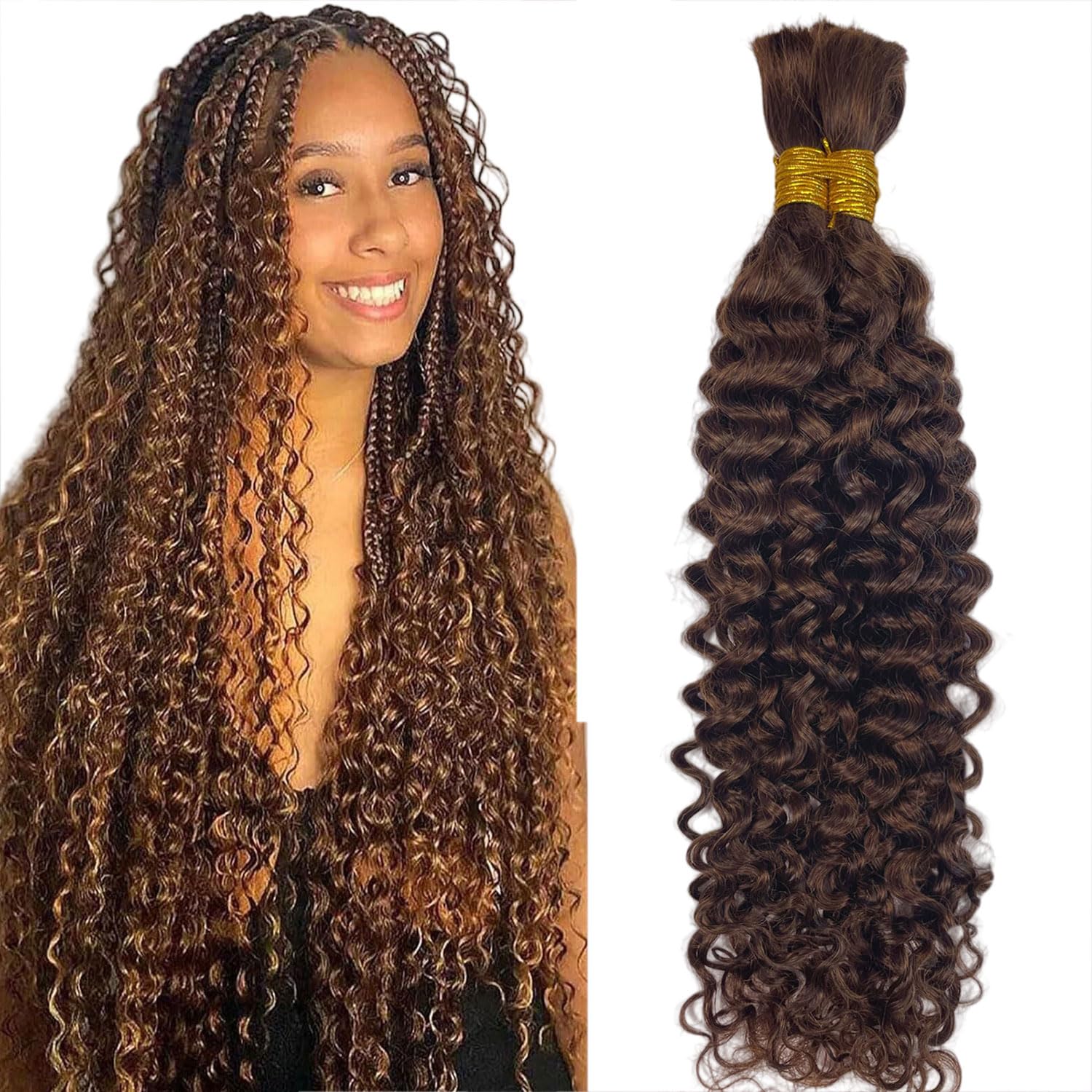 Chocolate Brown Human Braiding Hair For Boho Braids 4# 100g Water Wave Bulk Human Hair for Braiding 12A No Weft Curly Human Hair Extensions Wet and