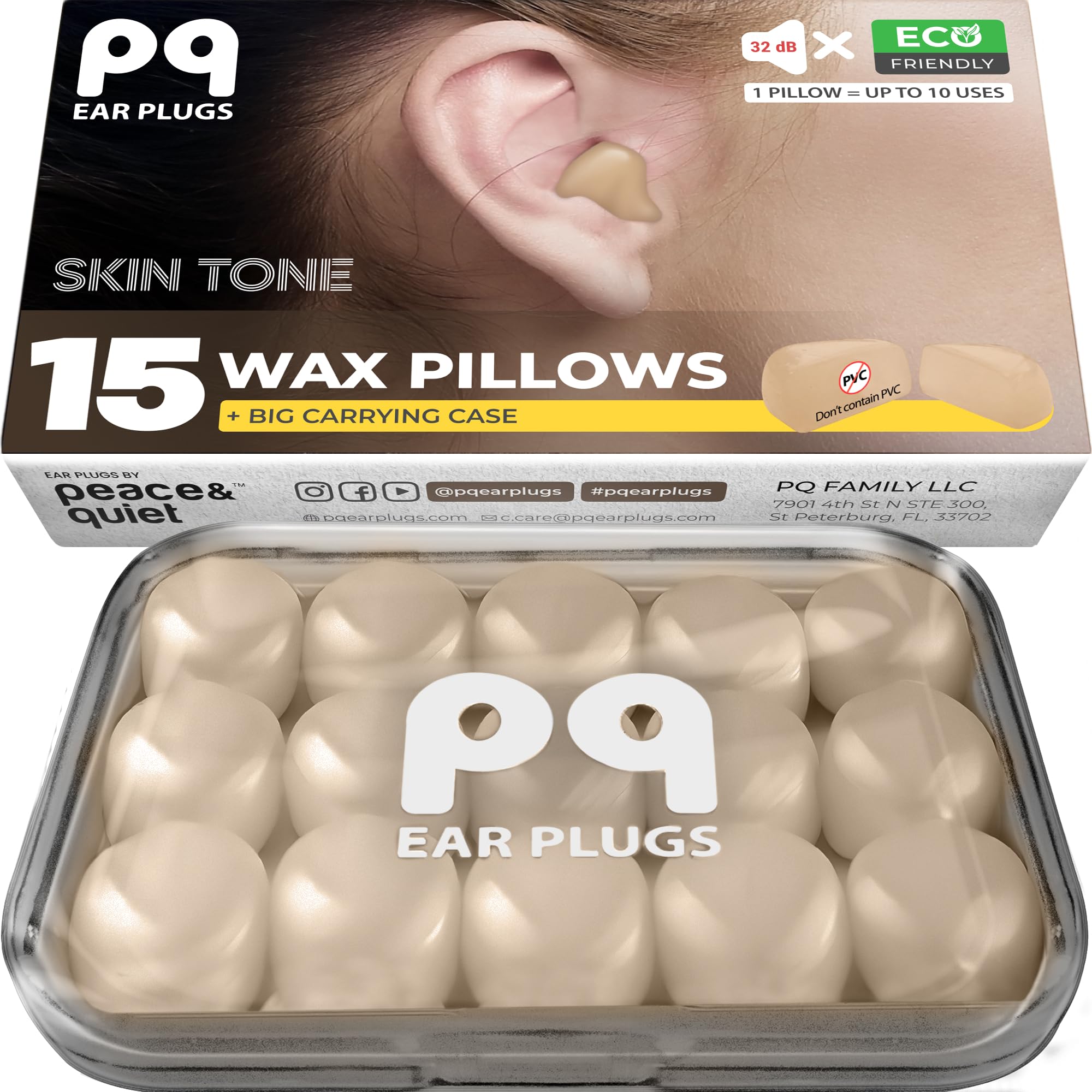 PQ Silicone Ear Plugs for Sleeping - 15 Silicone Earplugs for Sleeping and Swimming - Noise Cancelling and Ear Protection with Gel Earplugs - Sound Insulation Level 32 dB Sleep Earplugs, 15 Pillows