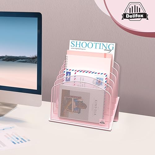 Vista 77 de Organizador de archivos de escritorio inclinado, soporte vertical de 5 secciones, soporte de metal clasificador de archivos para oficina y aula