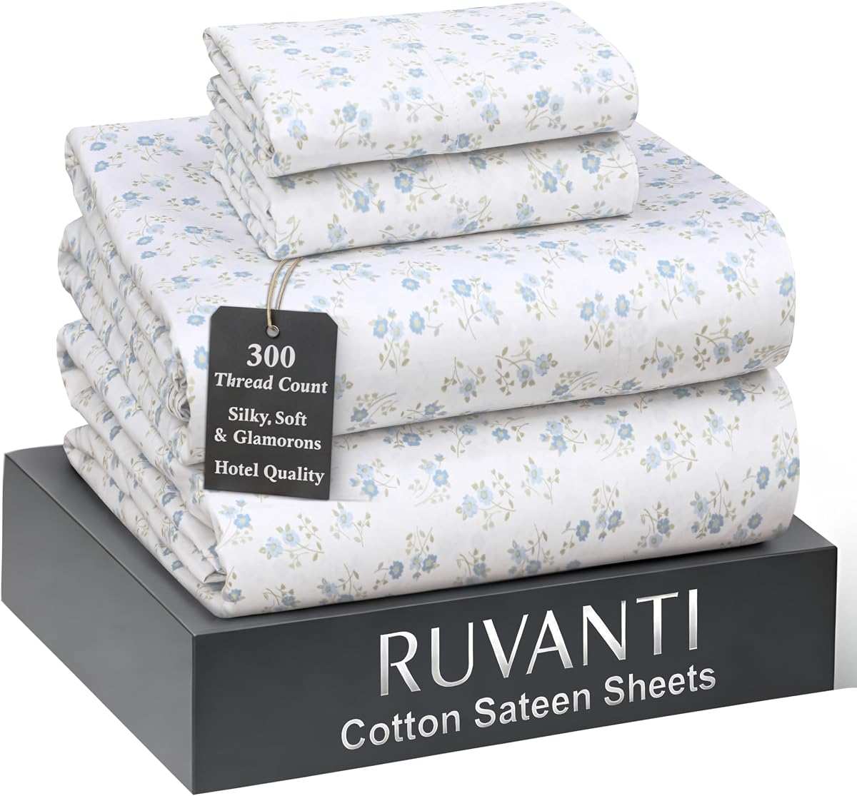 RUVANTI 100% Cotton Sateen Sheets California King Size, Blooming Stamp | Hotel Luxury Softness, 300 Thread Count, Deep Pocket, 14 Fit, Cooling Bedding, 4 Pieces